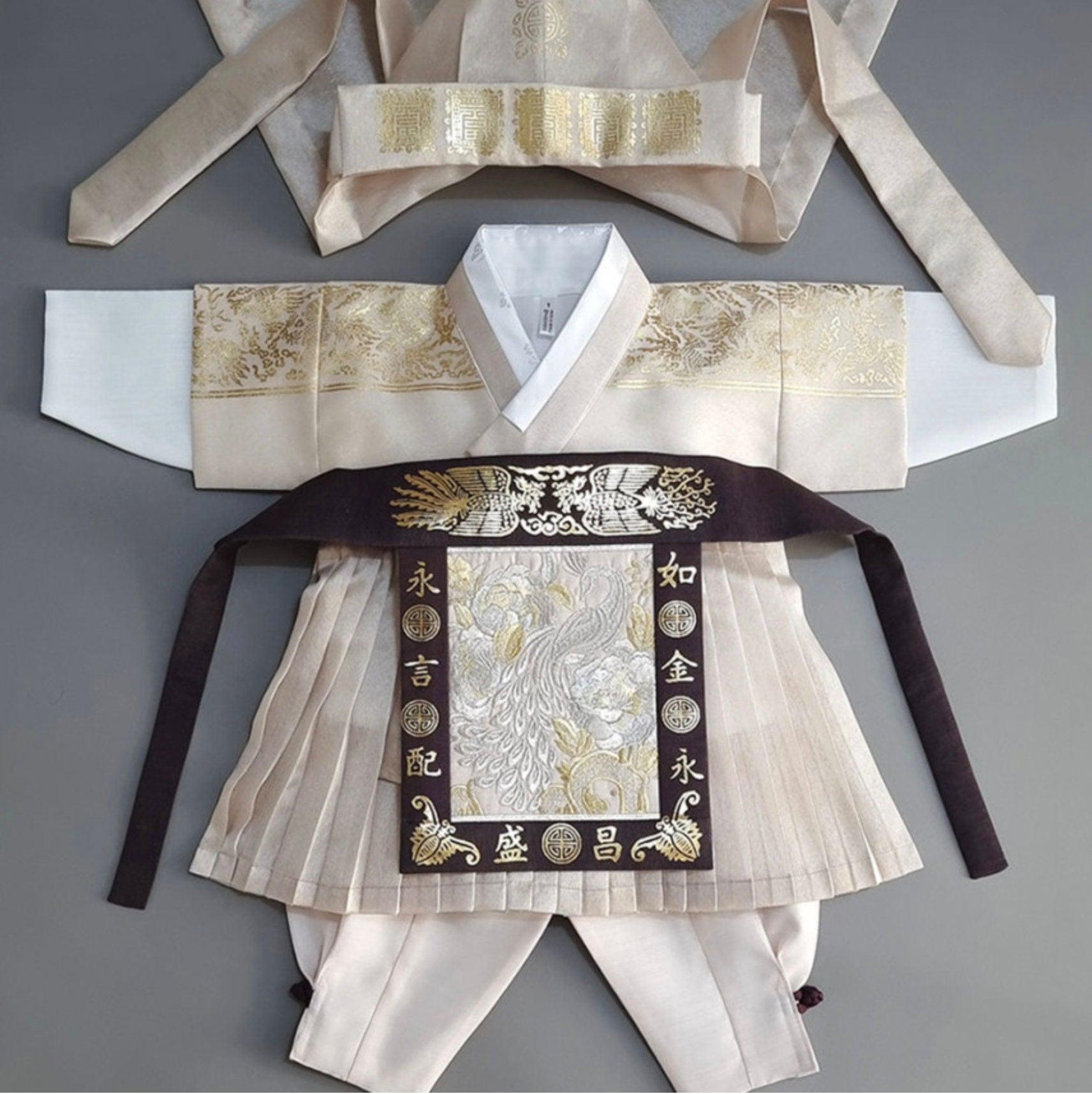 3Pcs Pleated Gold Beige Boy Hanbok (100D-1YR) - Native Korean