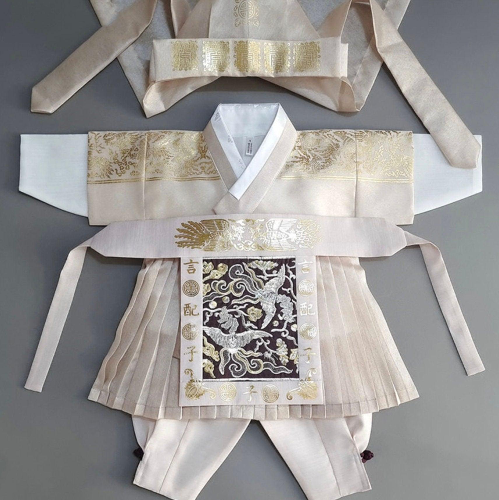 3Pcs Pleated Gold Beige Boy Hanbok (100D-1YR) - Native Korean