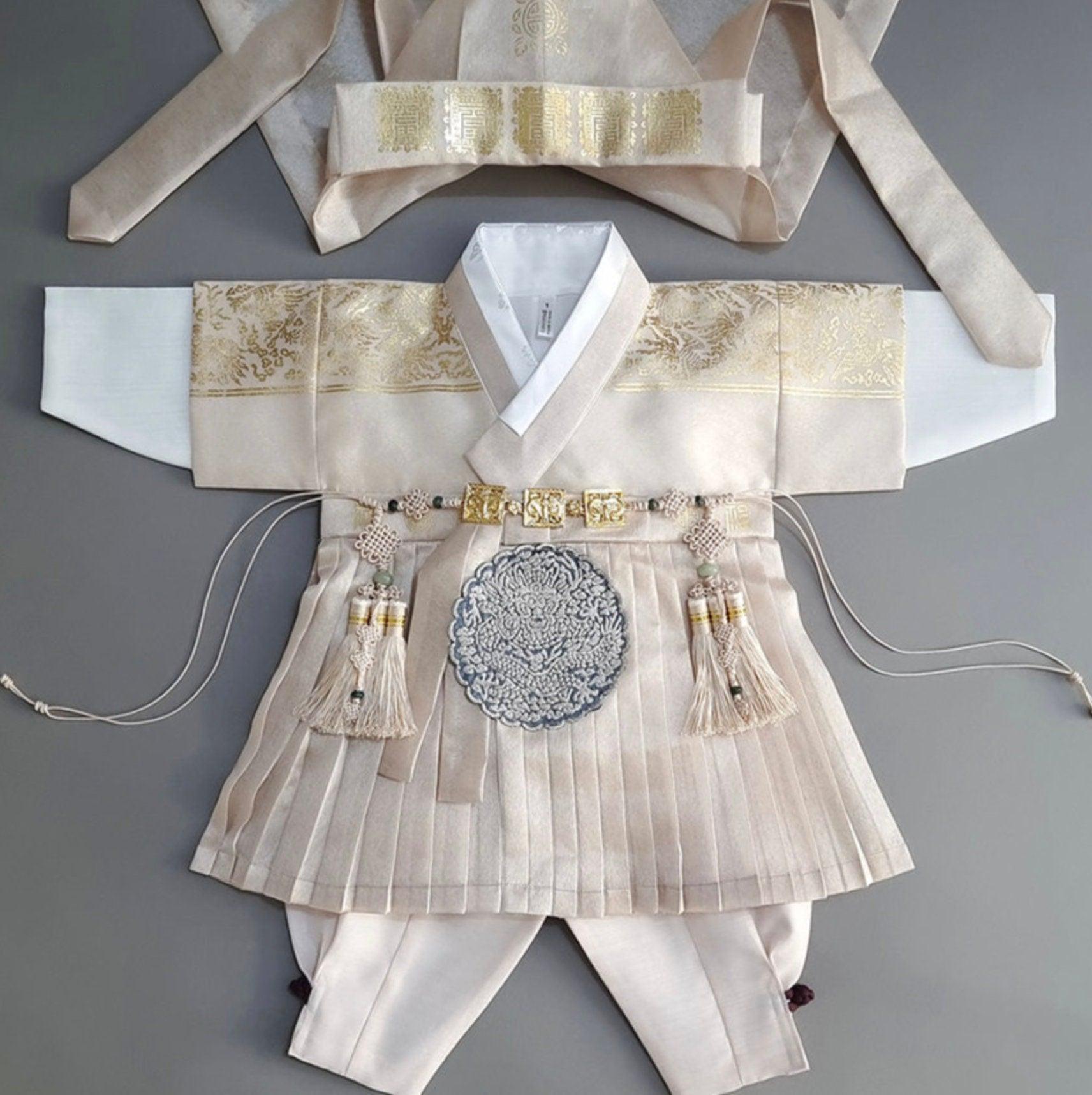 3Pcs Pleated Gold Beige Boy Hanbok (100D-1YR) - Native Korean