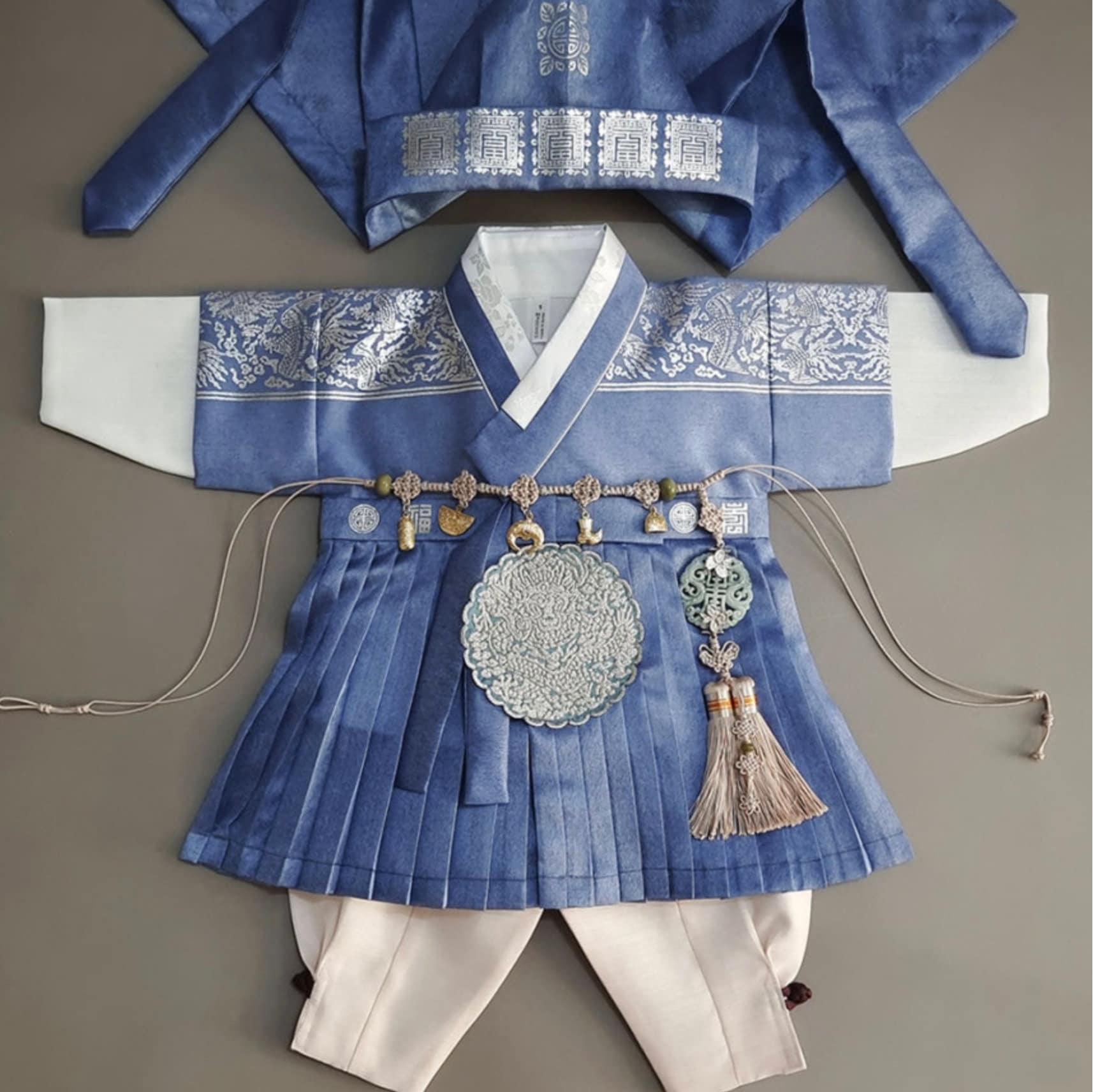 3Pcs Pleated Silver Blue Boy Hanbok (100D-1YR) - Native Korean