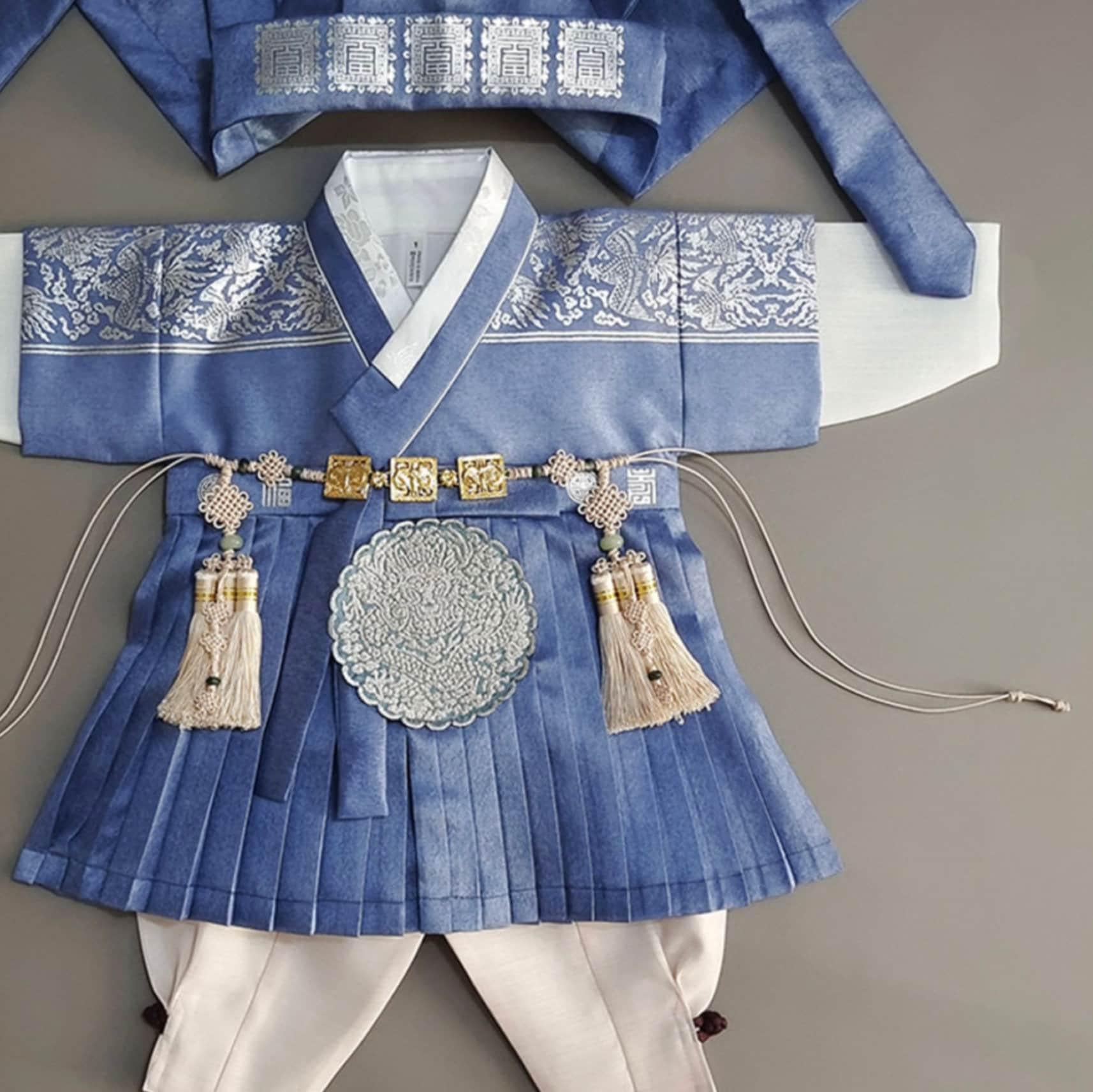 3Pcs Pleated Silver Blue Boy Hanbok (100D-1YR) - Native Korean