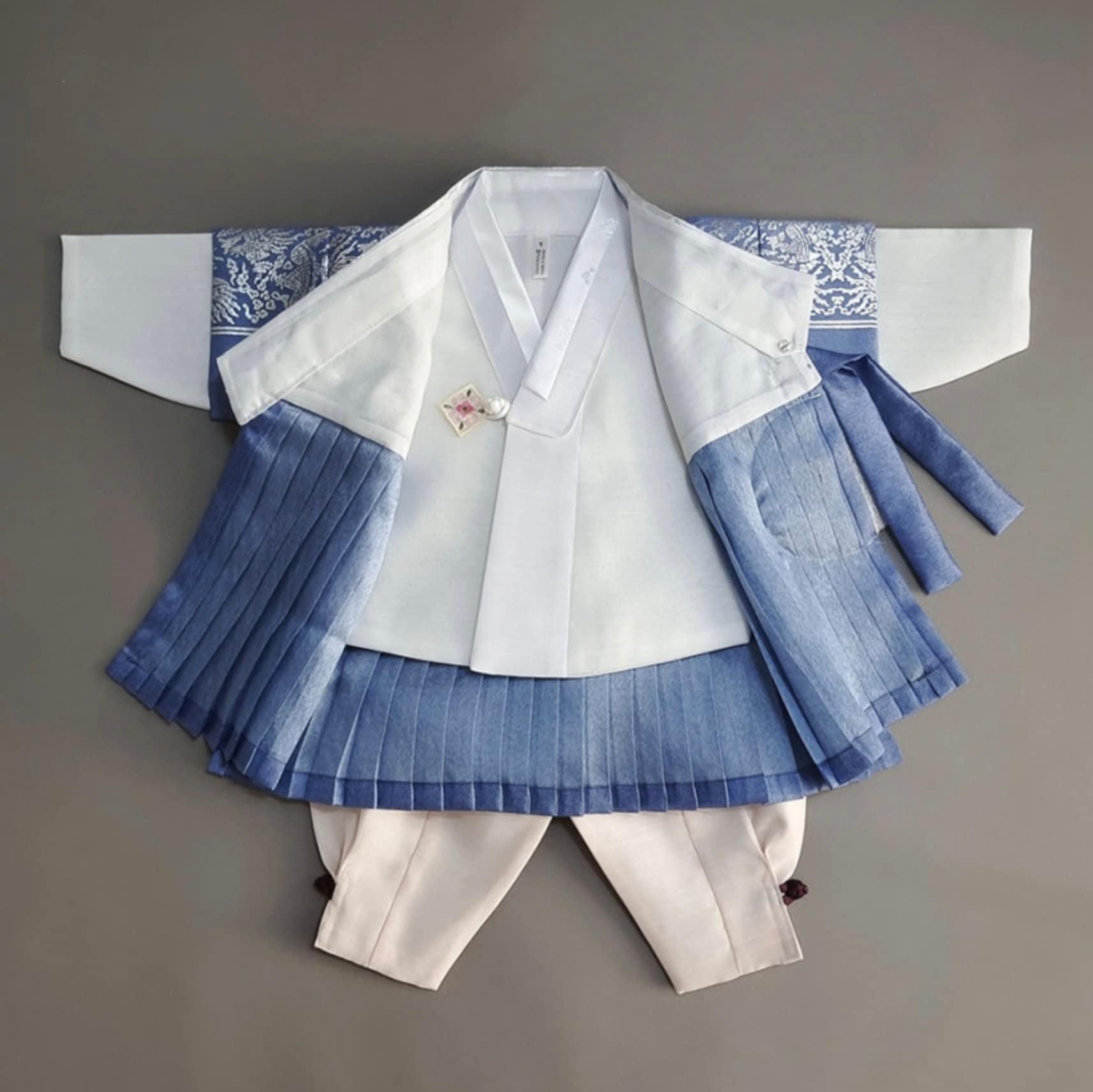 3Pcs Pleated Silver Blue Boy Hanbok (100D-1YR) - Native Korean