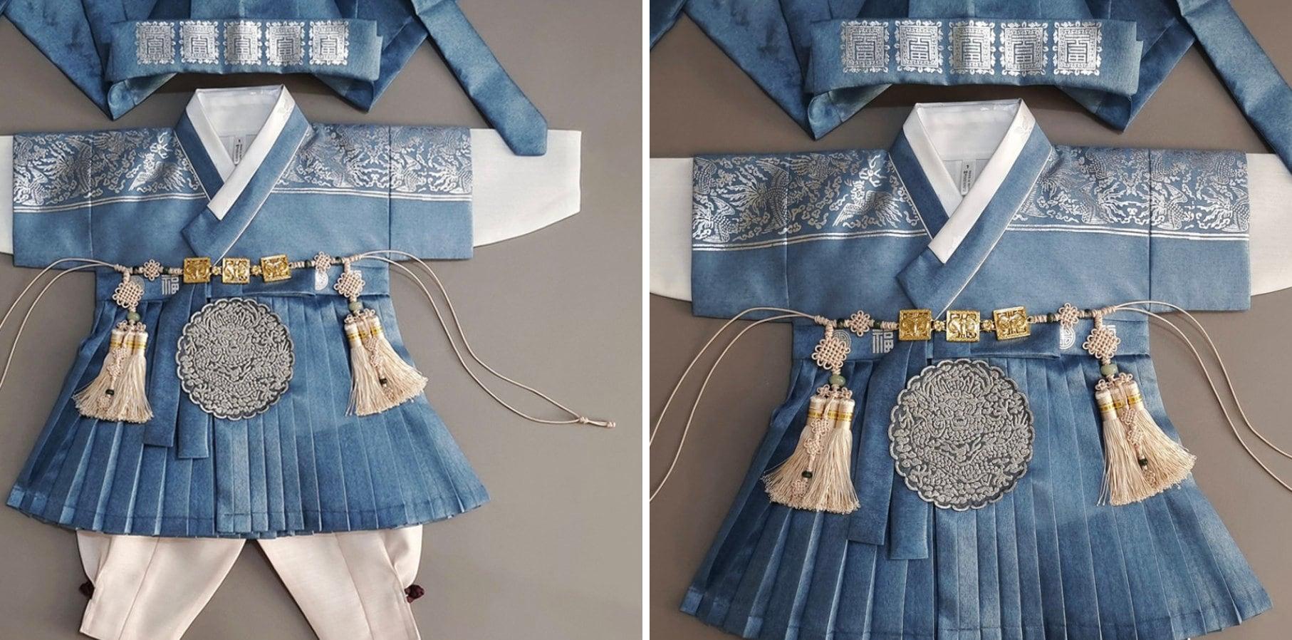 3Pcs Pleated Silver Blue Green Boy Hanbok (100D-1YR) - Native Korean