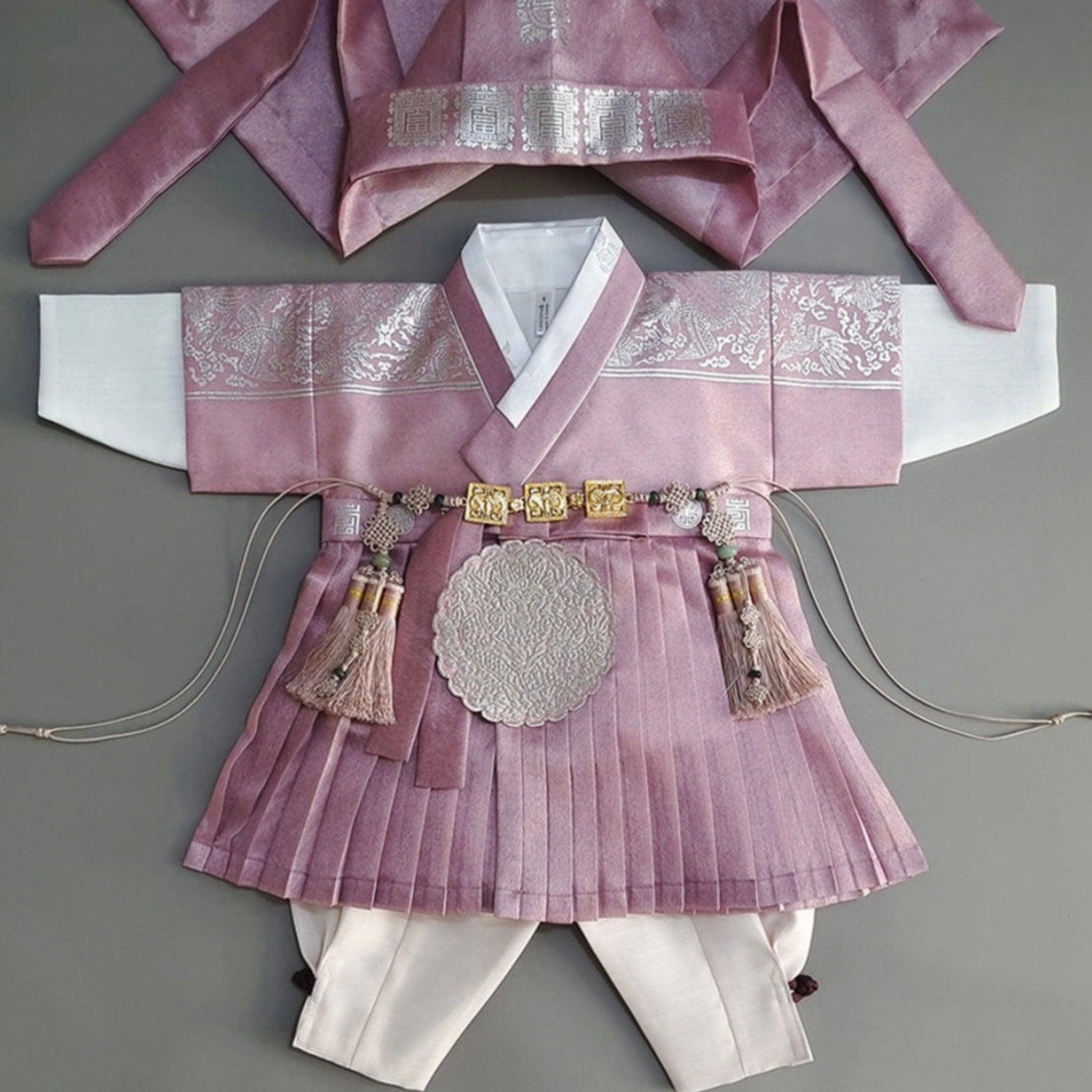 3Pcs Pleated Silver Pink Boy Hanbok (100D-1YR) - Native Korean