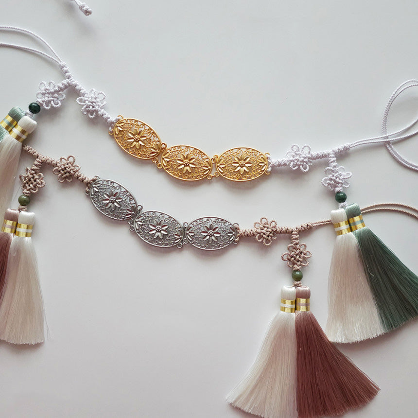 Double Tassel Belt with Floral Metal