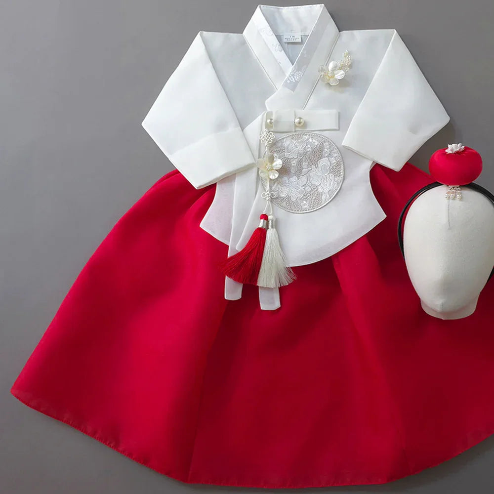 Yujin White Red Girl Hanbok (100D-15YR) - Native Korean