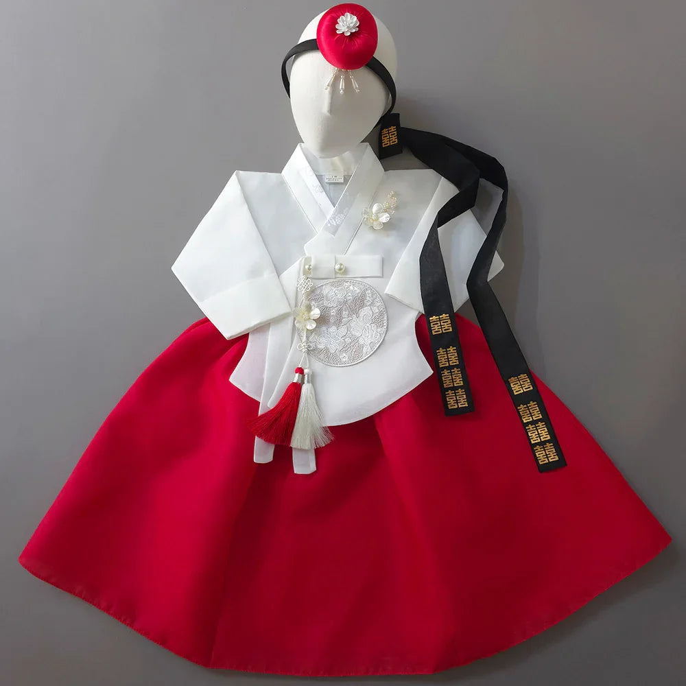 Yujin White Red Girl Hanbok (100D-15YR) - Native Korean