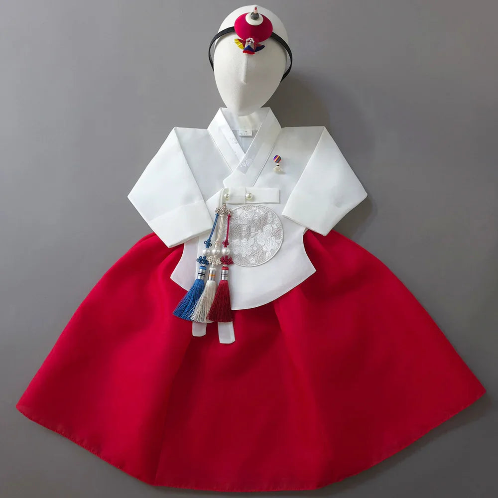 Yujin White Dangui Red Girl Hanbok (100D-15YR) - Native Korean