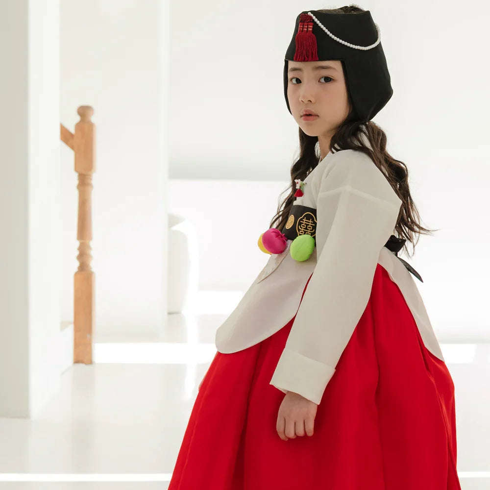 Yujin White Dangui Red Girl Hanbok (100D-15YR) - Native Korean