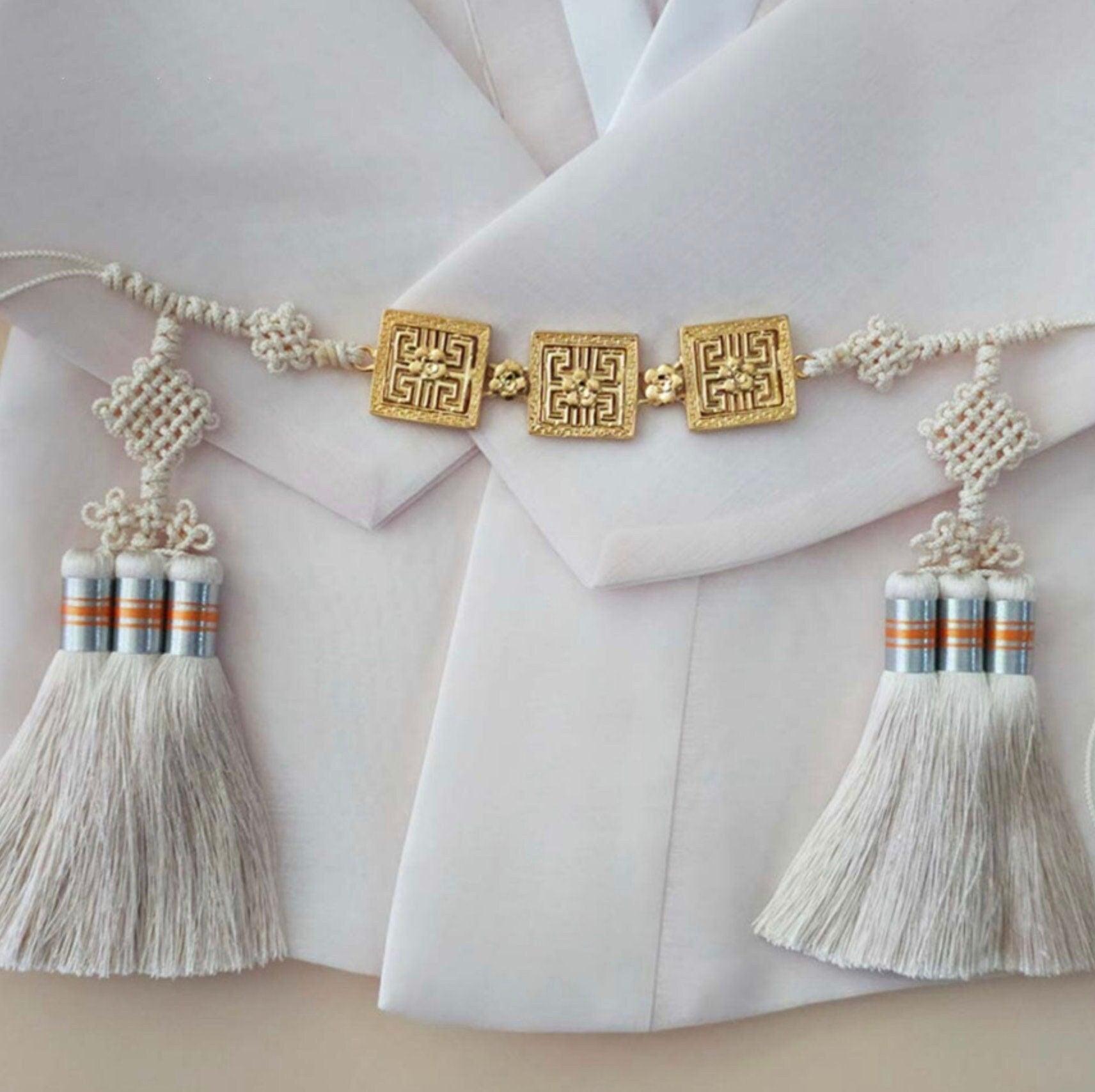 Gold Rectangle Ornaments Tassel Belt - Native Korean