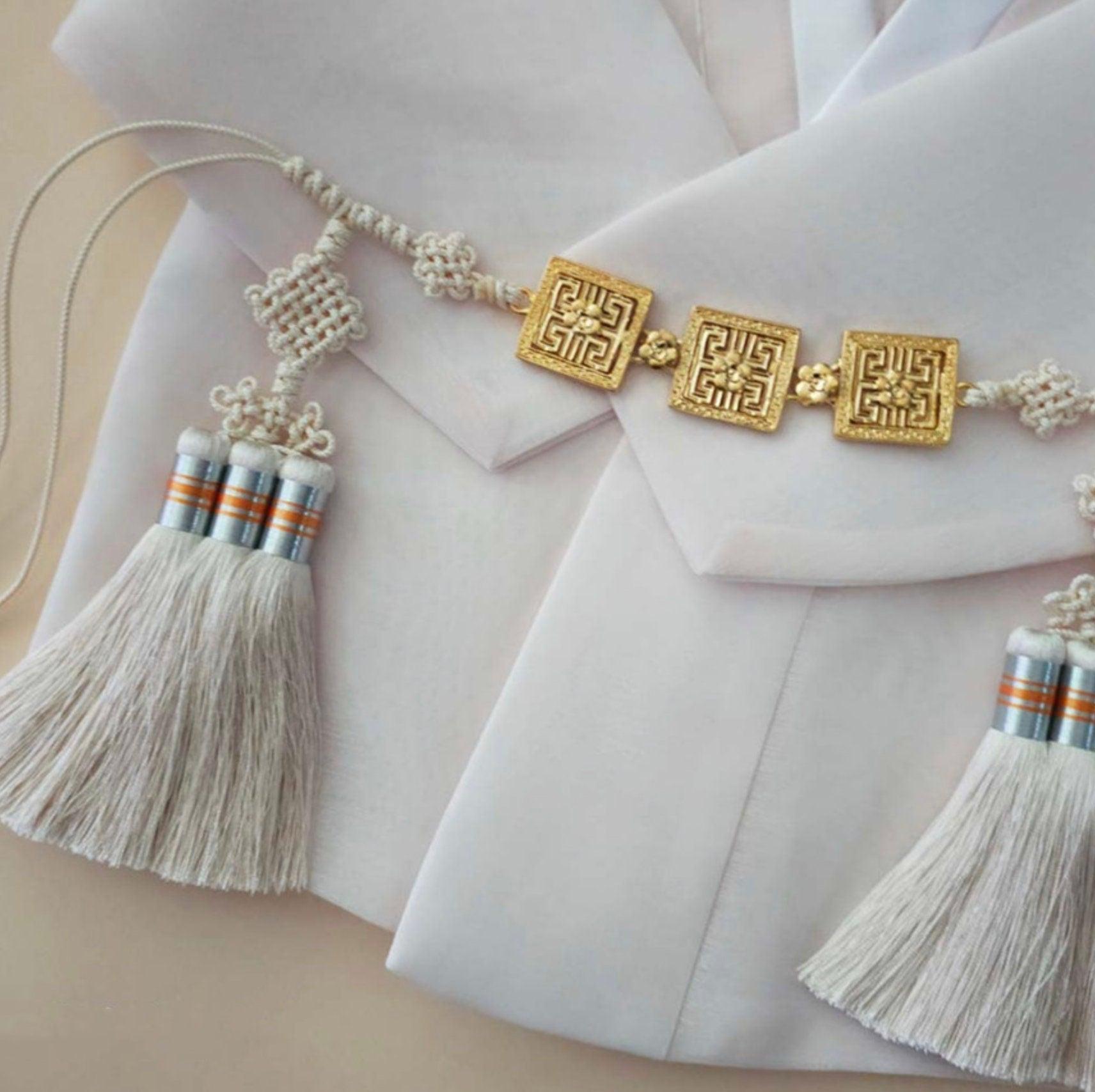 Gold Rectangle Ornaments Tassel Belt - Native Korean