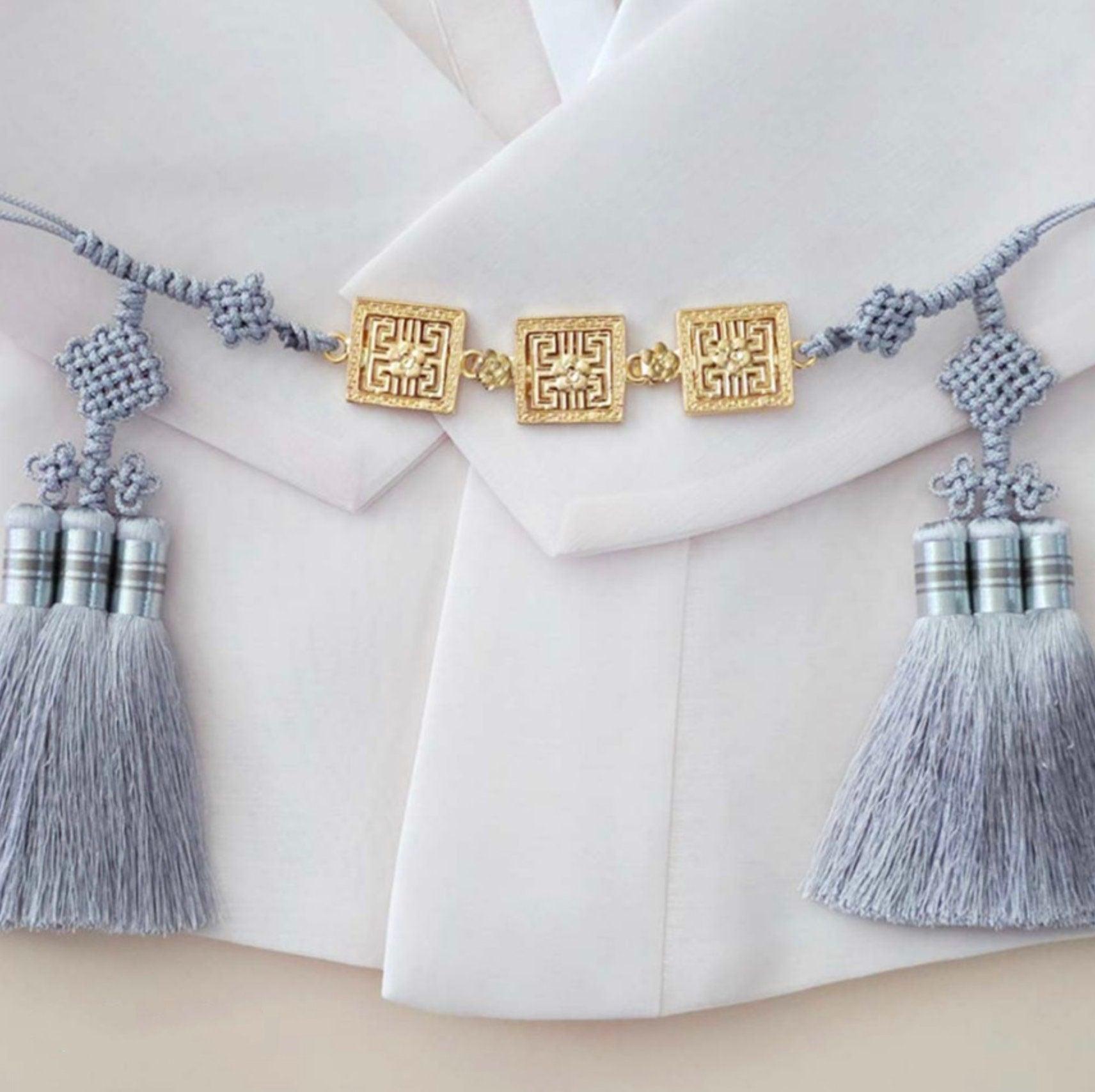 Gold Rectangle Ornaments Tassel Belt - Native Korean