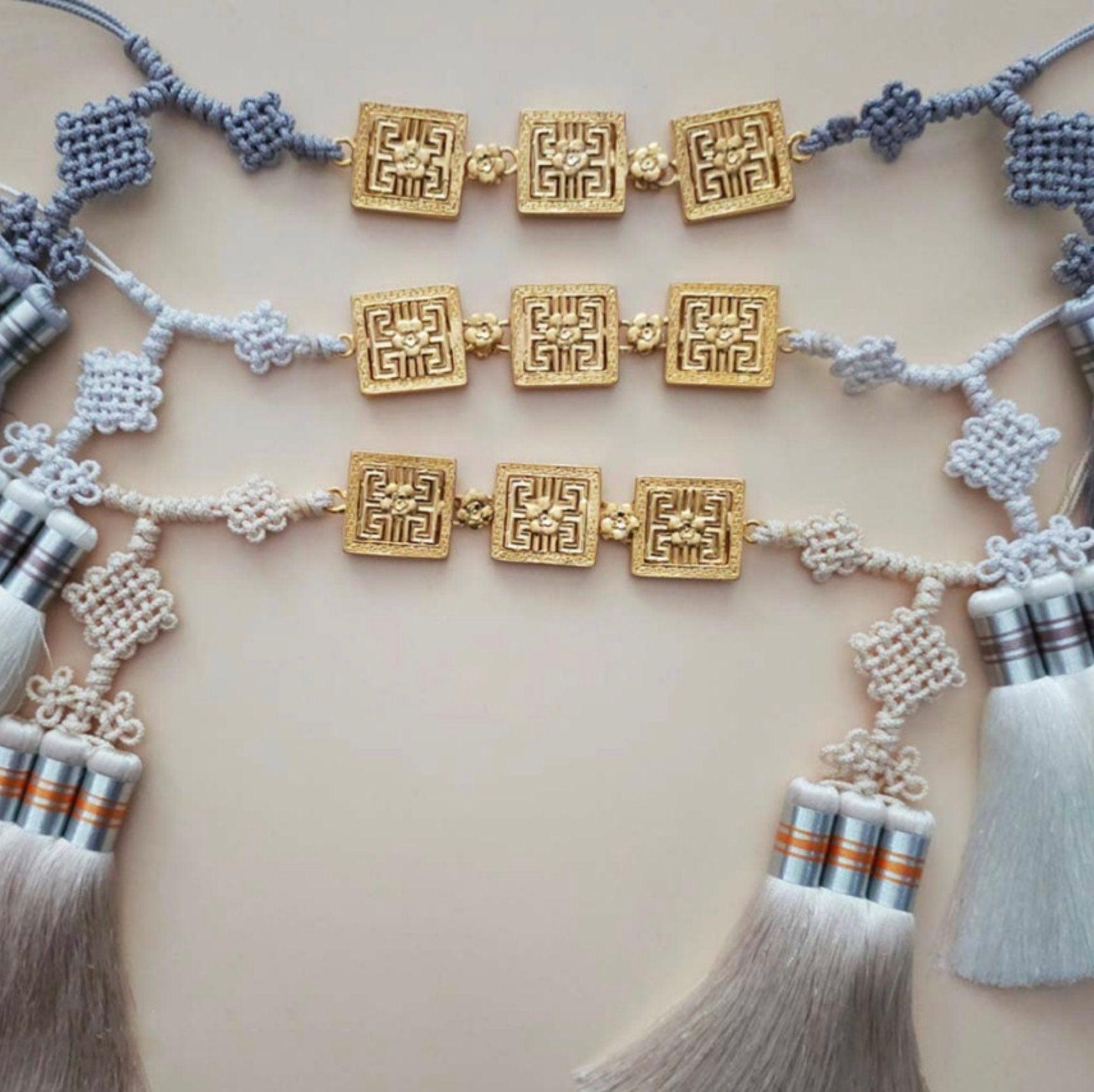 Gold Rectangle Ornaments Tassel Belt - Native Korean