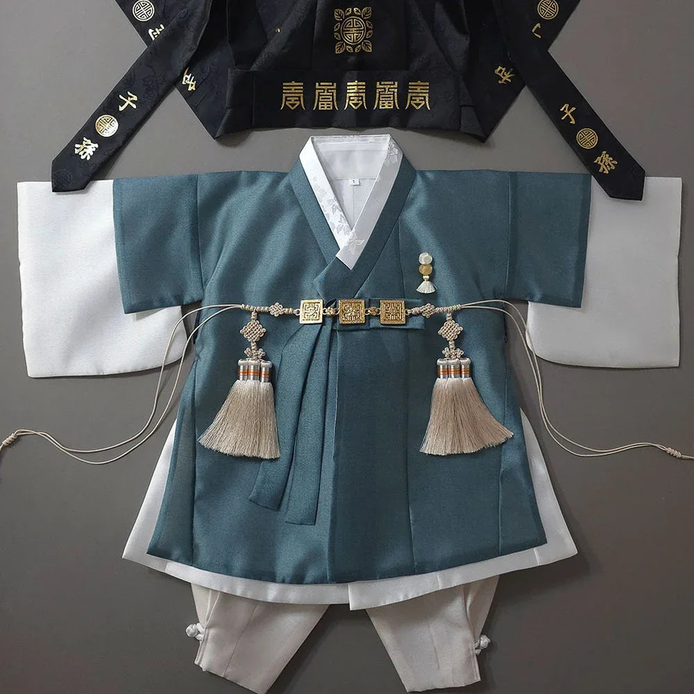 Gunyun Teal Dopo Boy Hanbok by Native Korean with decorative Norigae and black headwear