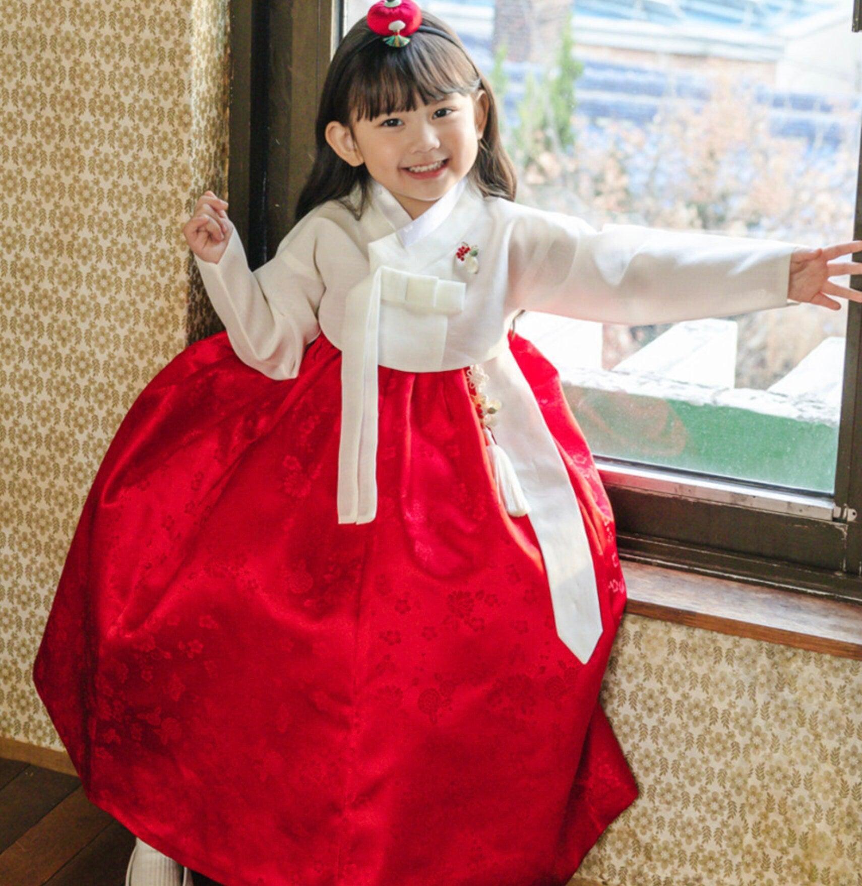 Heejin Ivory Red Girl Hanbok (100D-15YR) - Native Korean