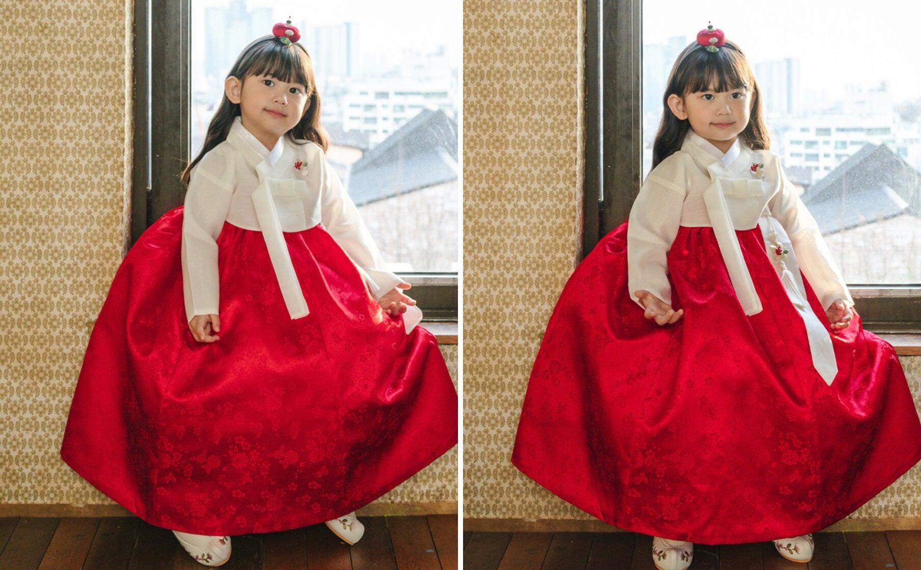 Heejin Ivory Red Girl Hanbok (100D-15YR) - Native Korean