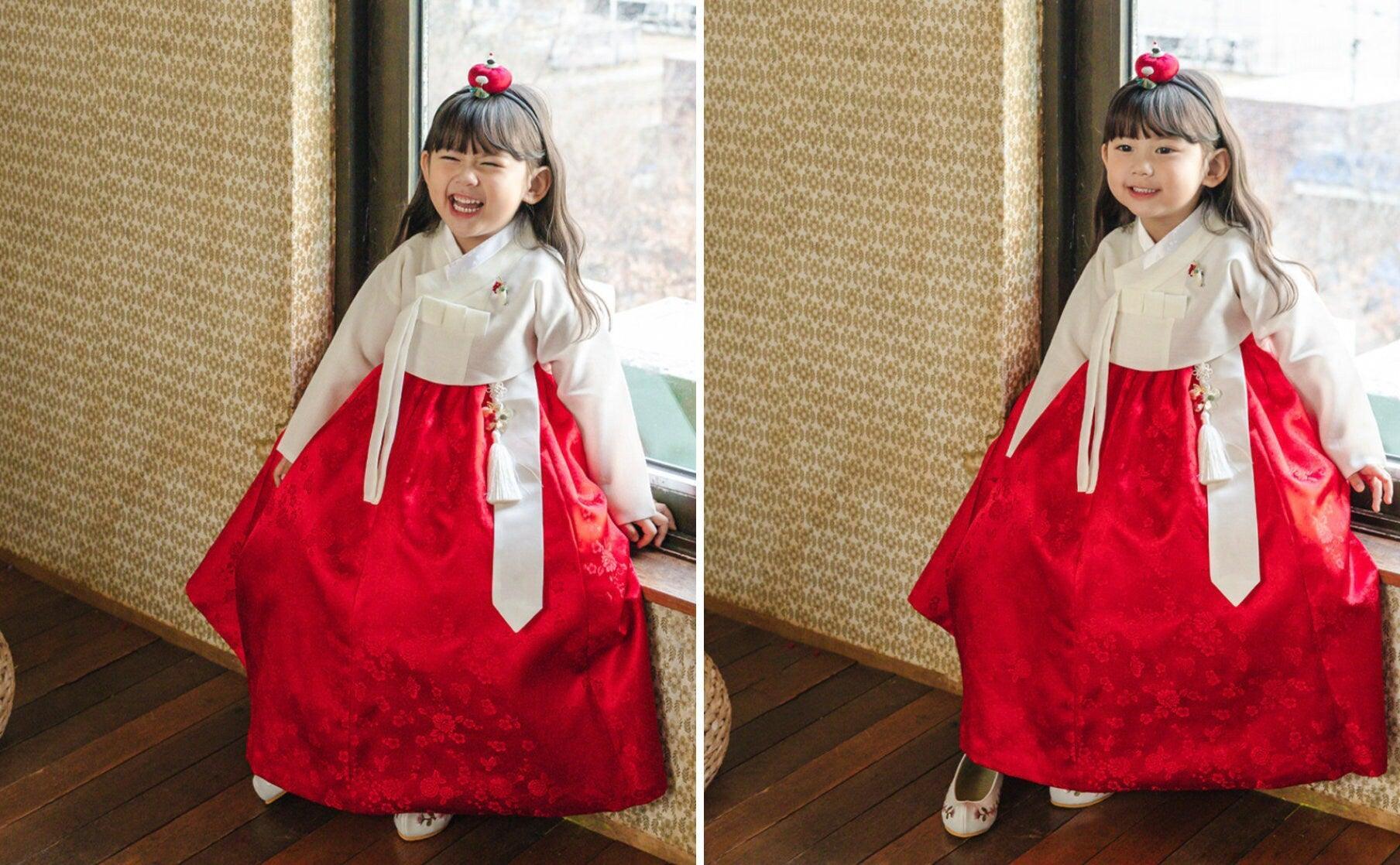 Heejin Ivory Red Girl Hanbok (100D-15YR) - Native Korean