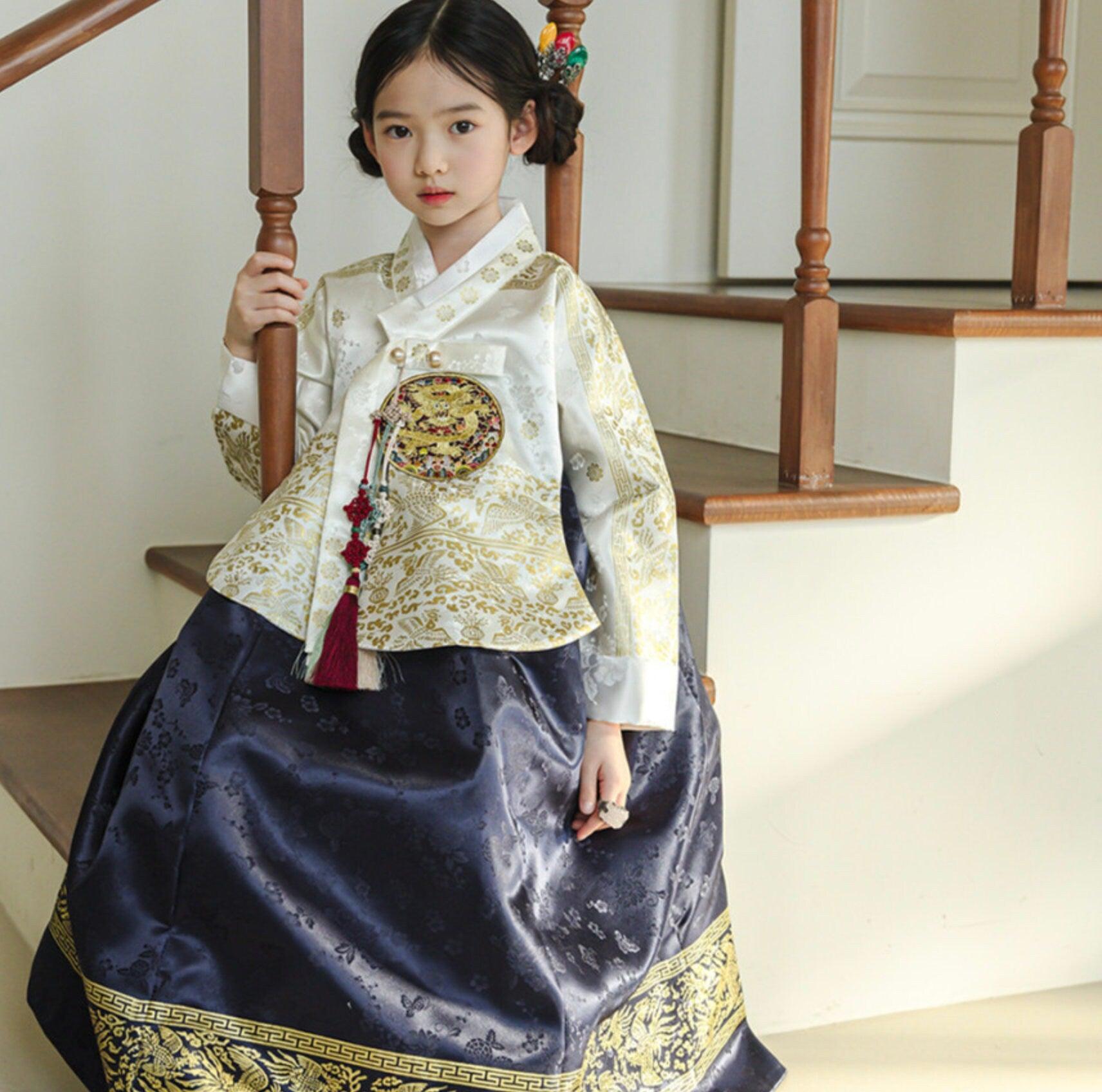 Hyunbi Foil Ivory Navy Girl Hanbok (100D-15YR) - Native Korean