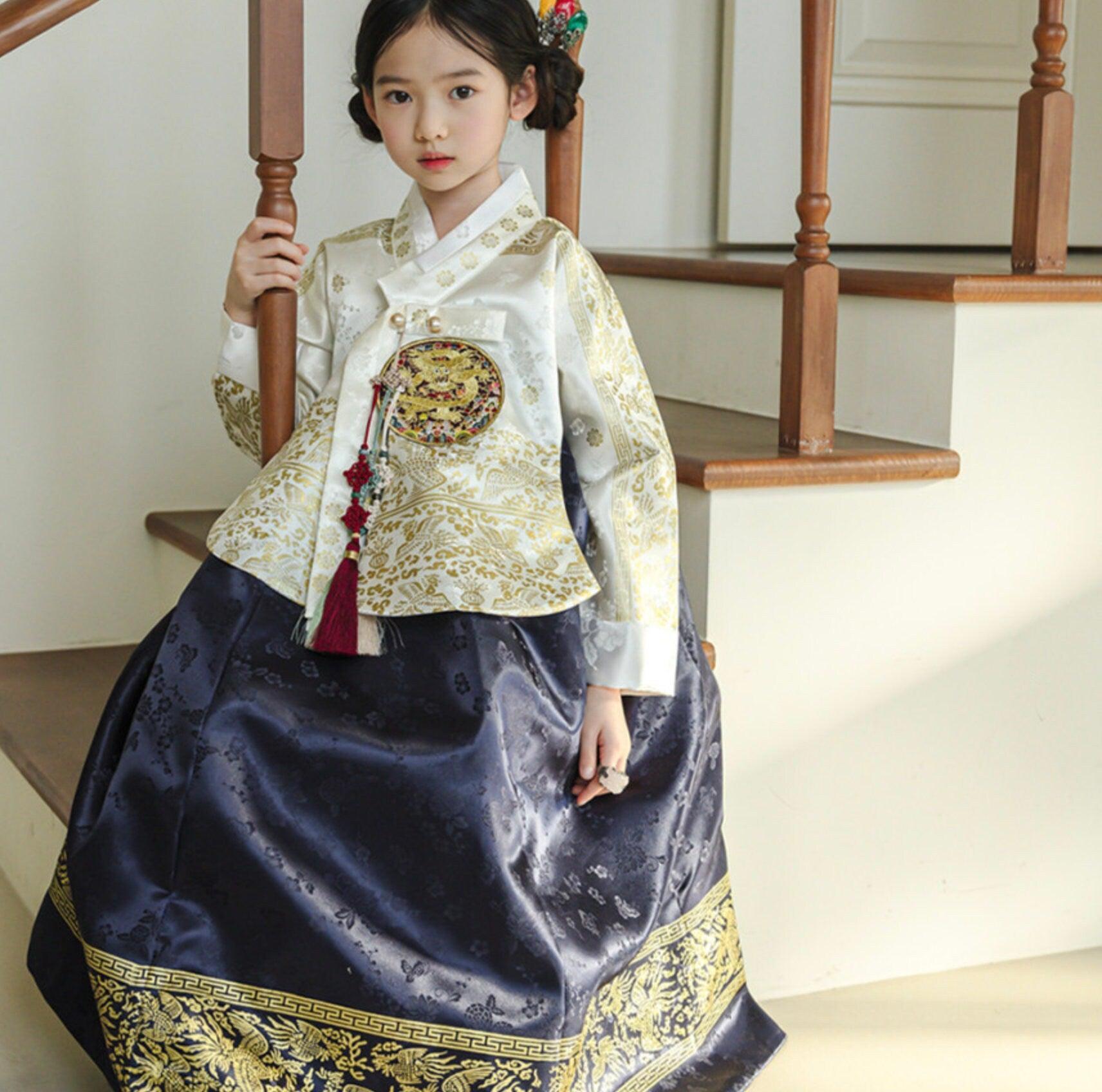 Hyunbi Foil Ivory Navy Girl Hanbok (100D-15YR) - Native Korean