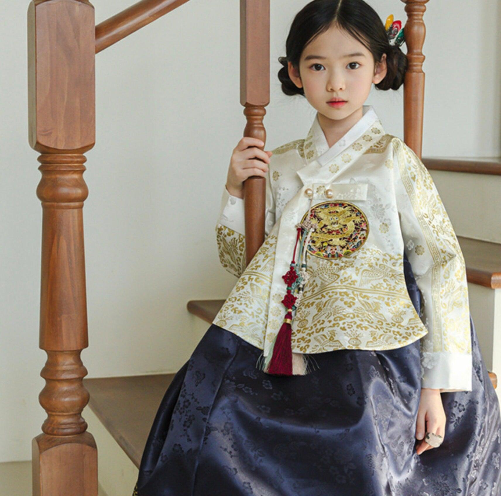 Hyunbi Foil Ivory Navy Girl Hanbok (100D-15YR) - Native Korean