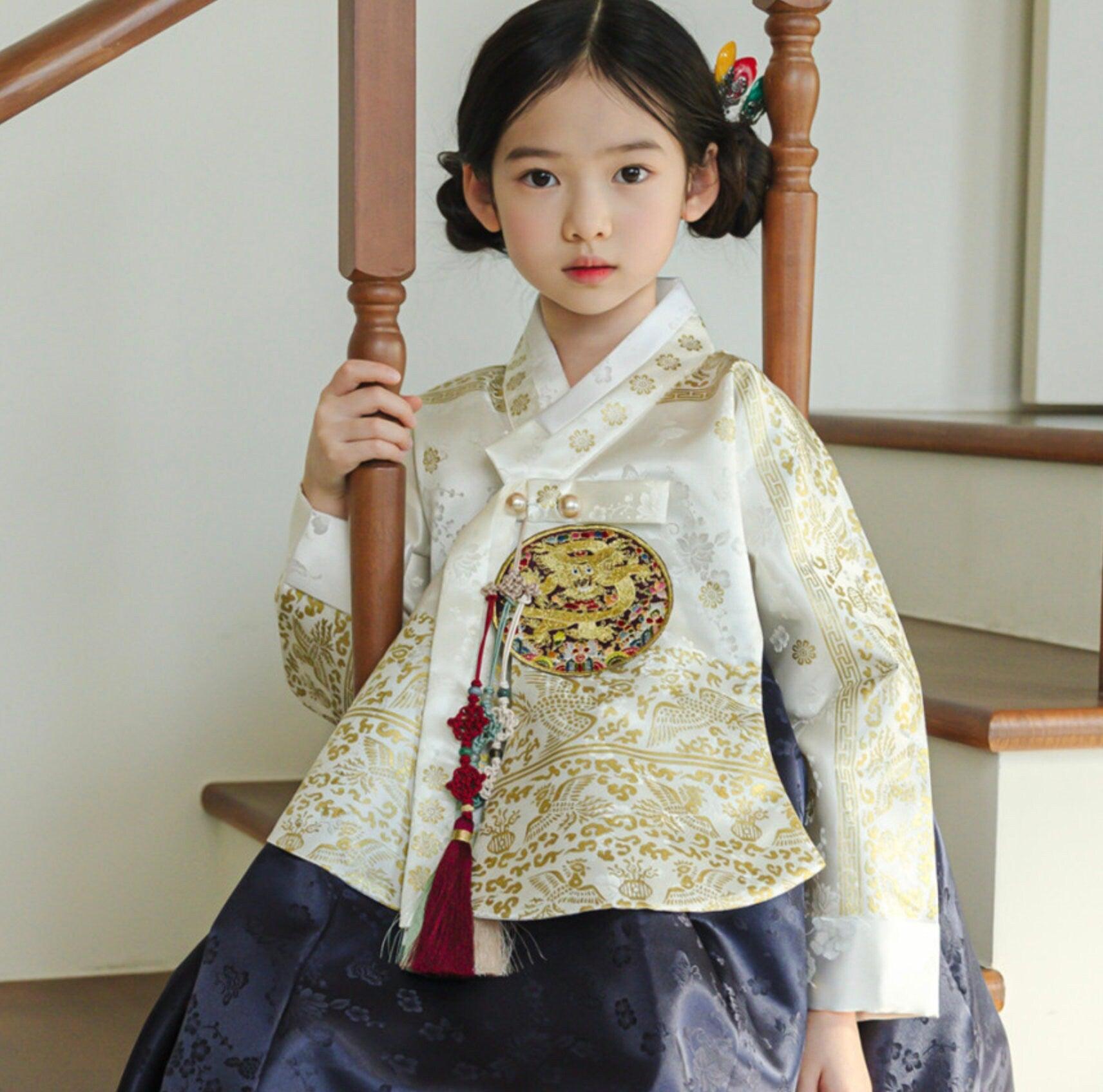 Hyunbi Foil Ivory Navy Girl Hanbok (100D-15YR) - Native Korean