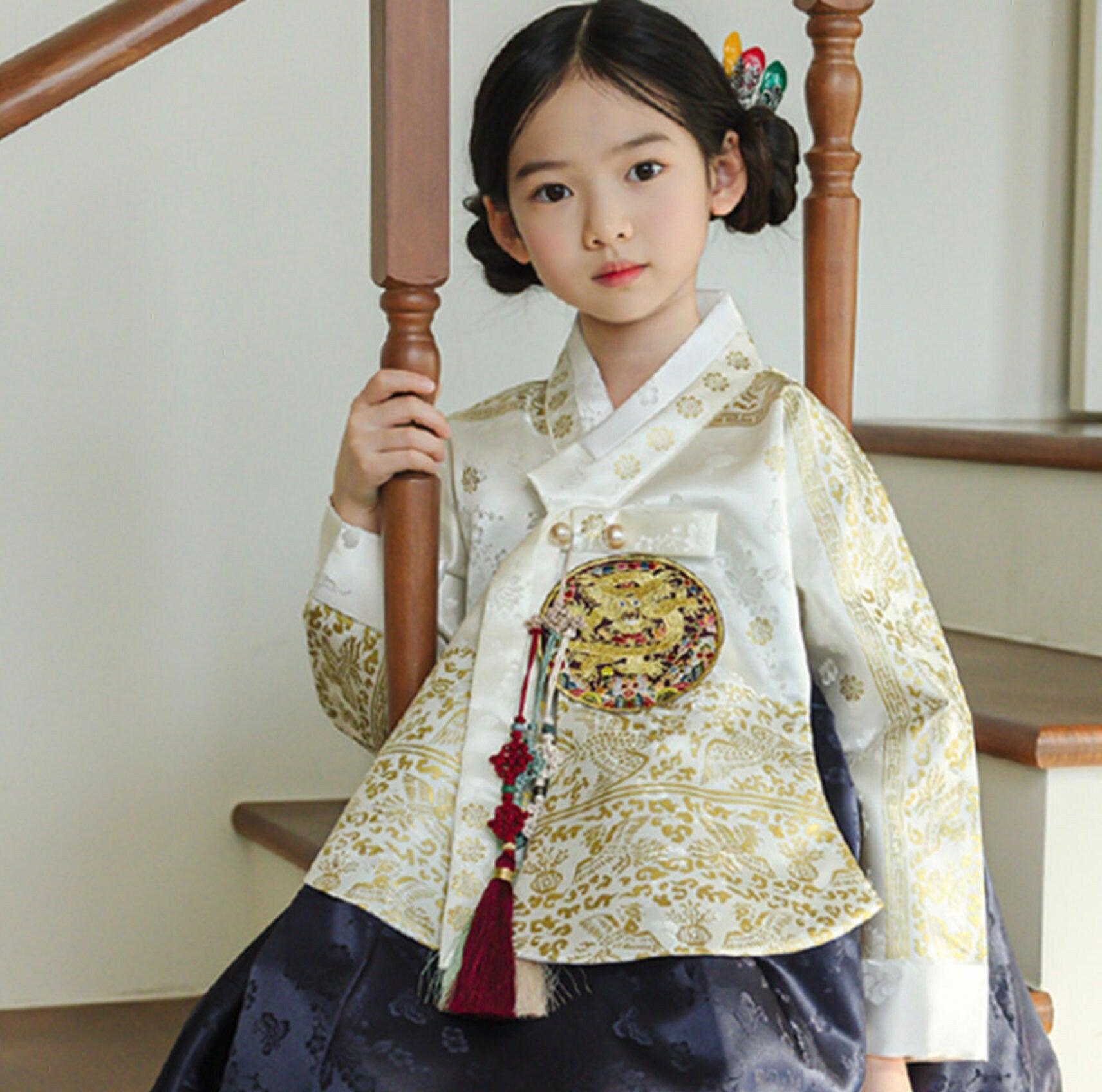 Hyunbi Foil Ivory Navy Girl Hanbok (100D-15YR) - Native Korean