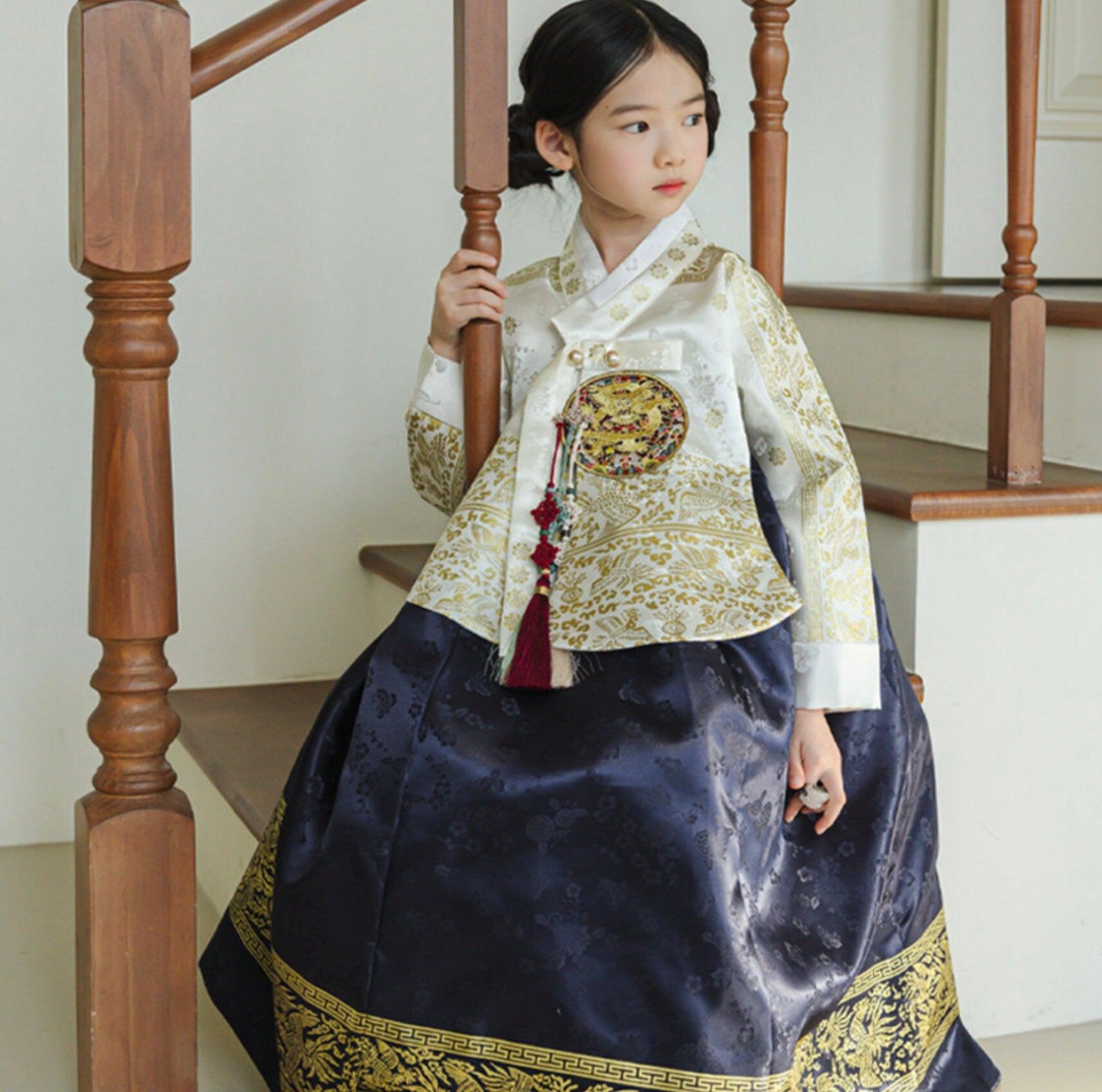 Hyunbi Foil Ivory Navy Girl Hanbok (100D-15YR) - Native Korean