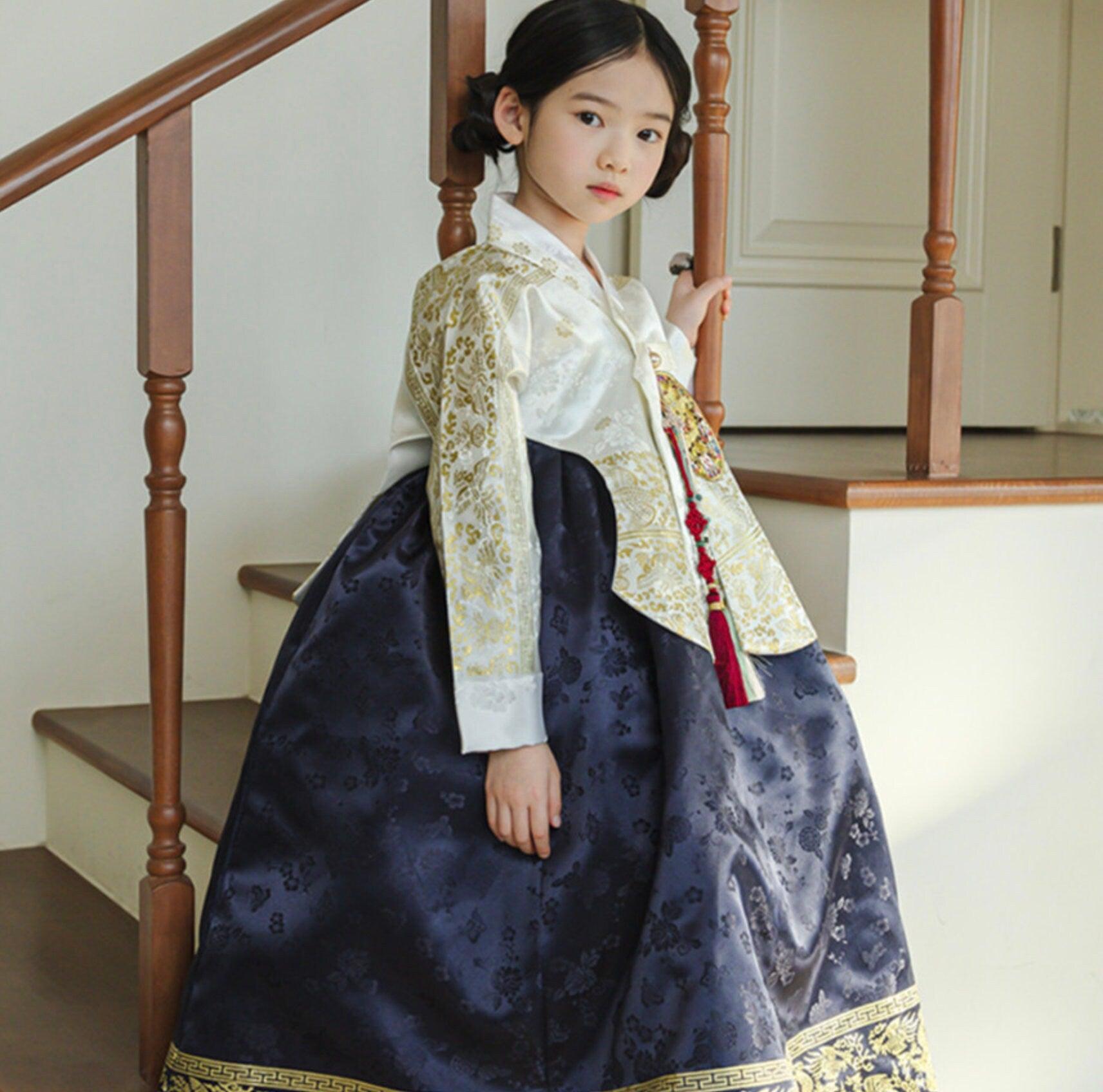 Hyunbi Foil Ivory Navy Girl Hanbok (100D-15YR) - Native Korean