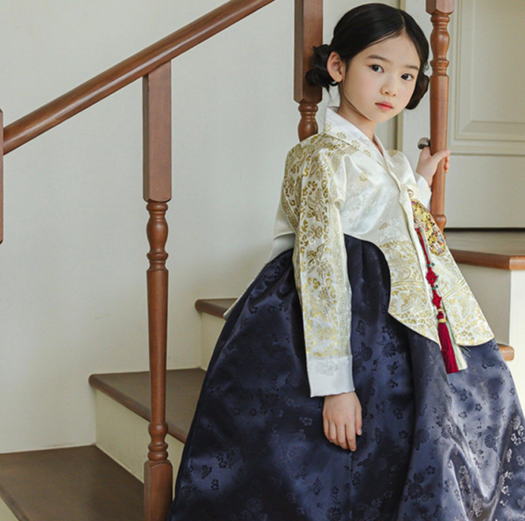 Hyunbi Foil Ivory Navy Girl Hanbok (100D-15YR) - Native Korean