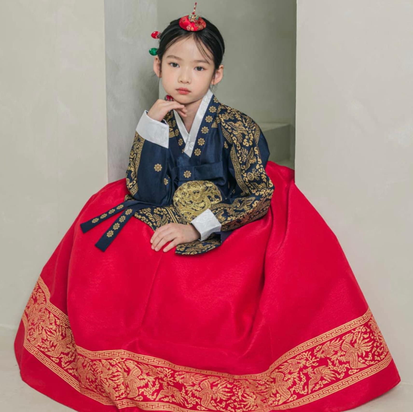 Hyunbi Foil Navy Red Girl Hanbok (100D-15YR) - Native Korean