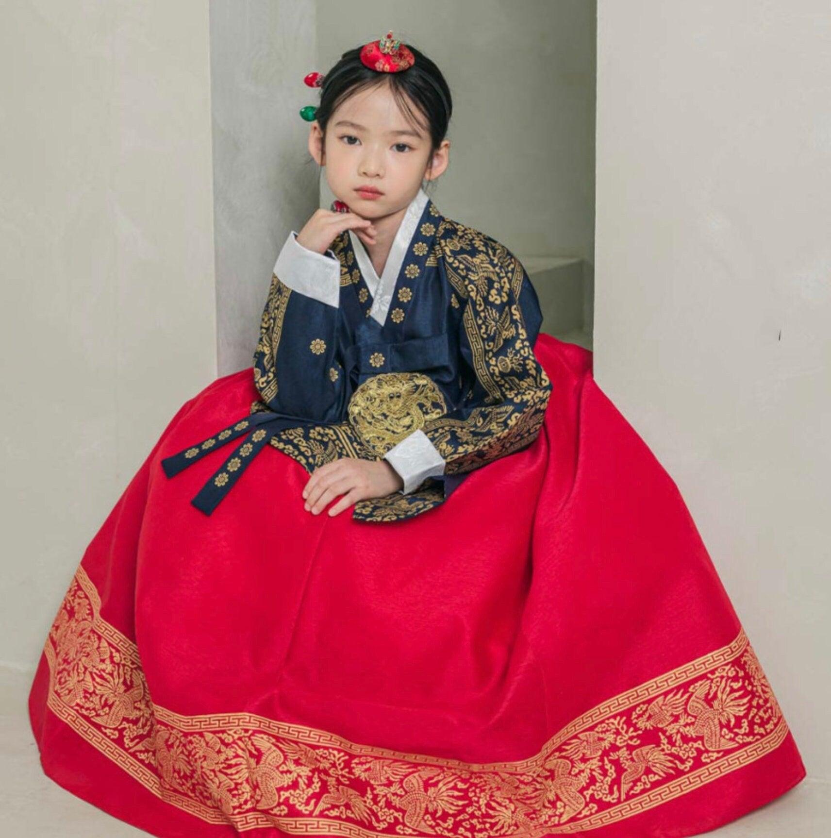 Hyunbi Foil Navy Red Girl Hanbok (100D-15YR) - Native Korean