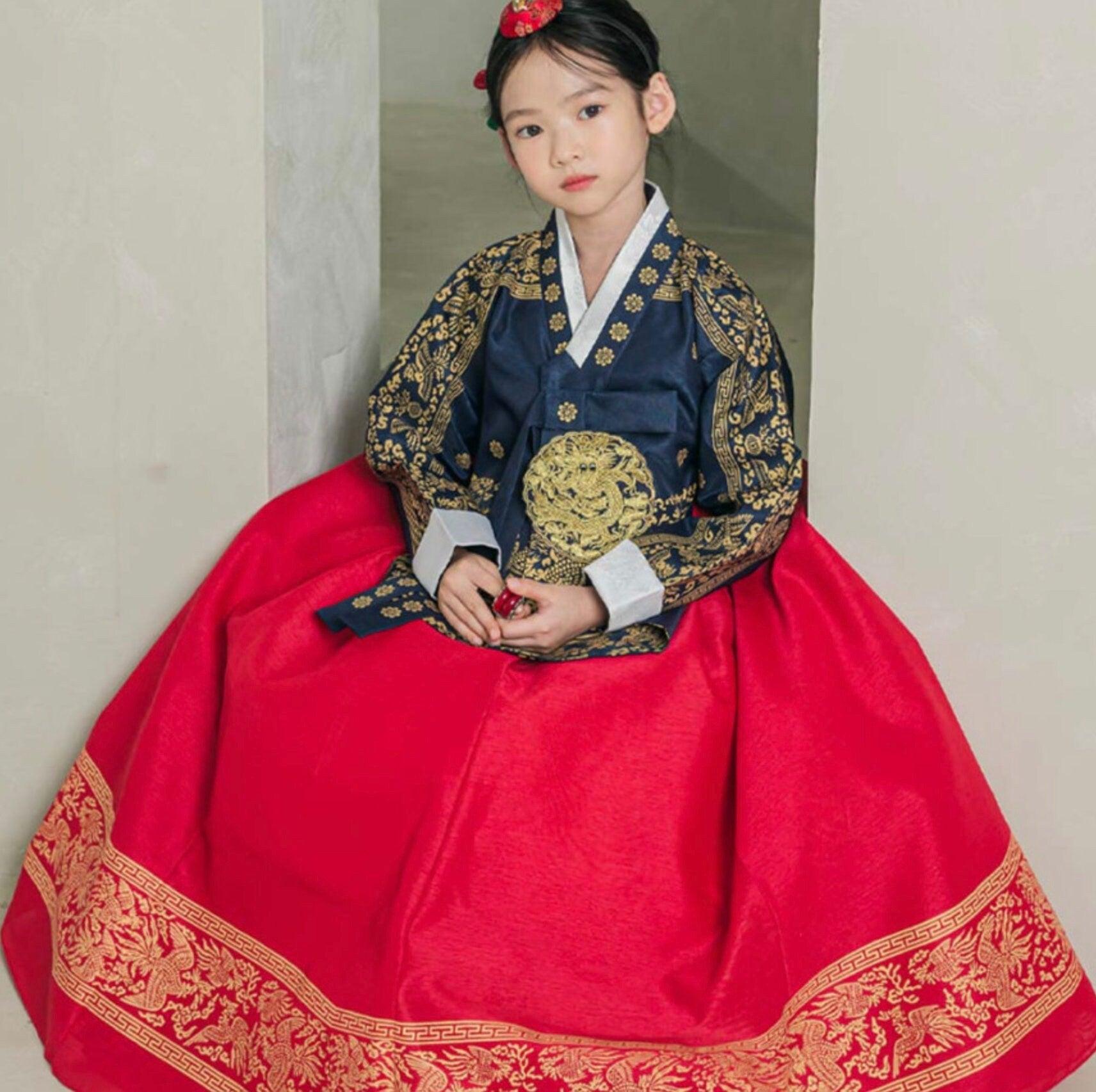 Hyunbi Foil Navy Red Girl Hanbok (100D-15YR) - Native Korean