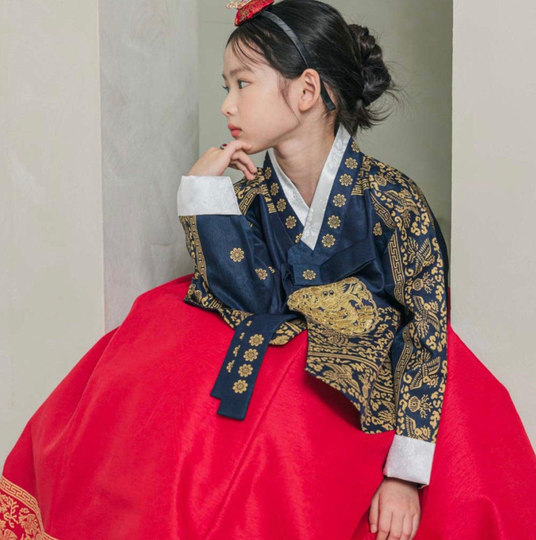 Hyunbi Foil Navy Red Girl Hanbok (100D-15YR) - Native Korean