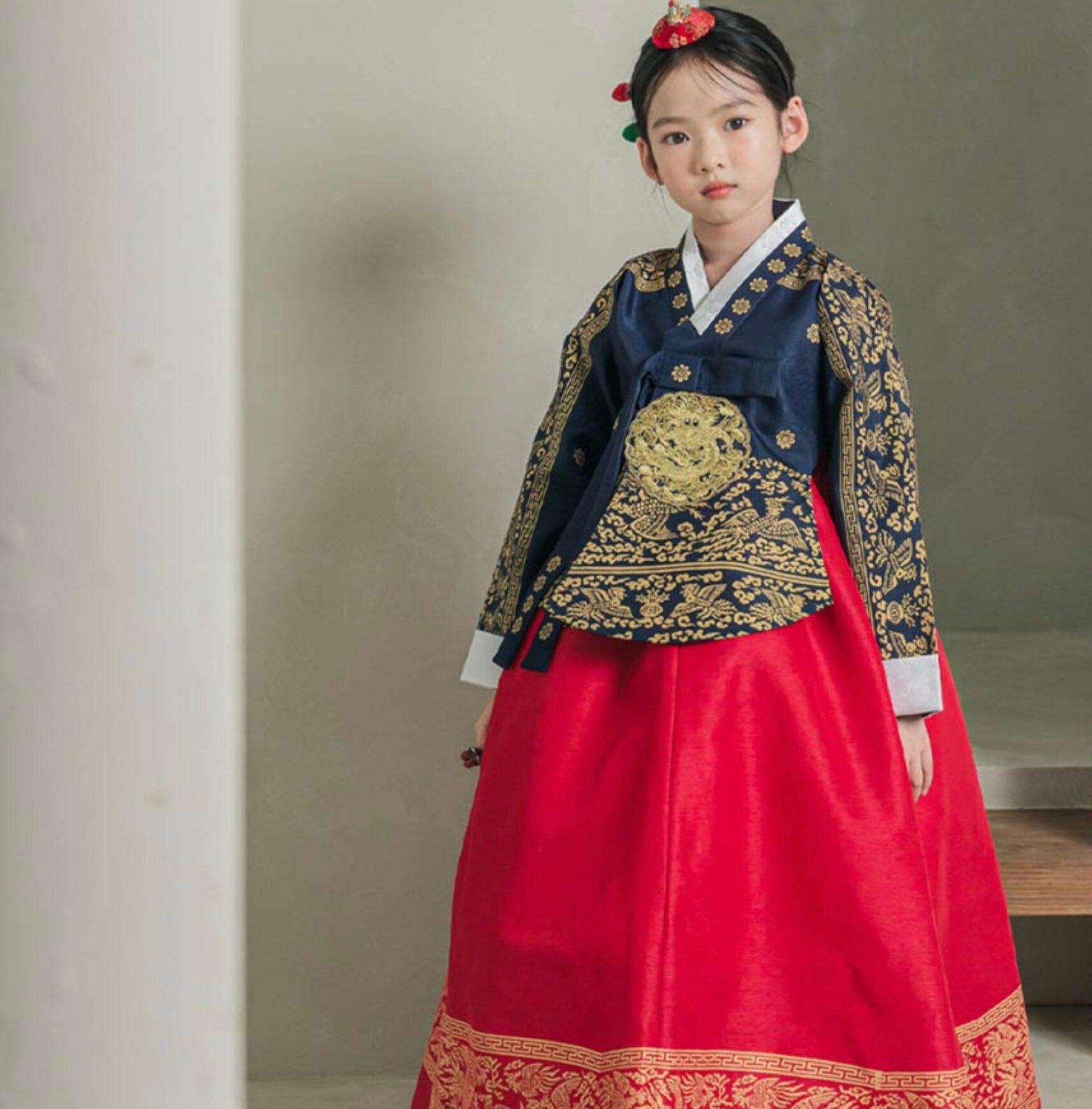 Hyunbi Foil Navy Red Girl Hanbok (100D-15YR) - Native Korean