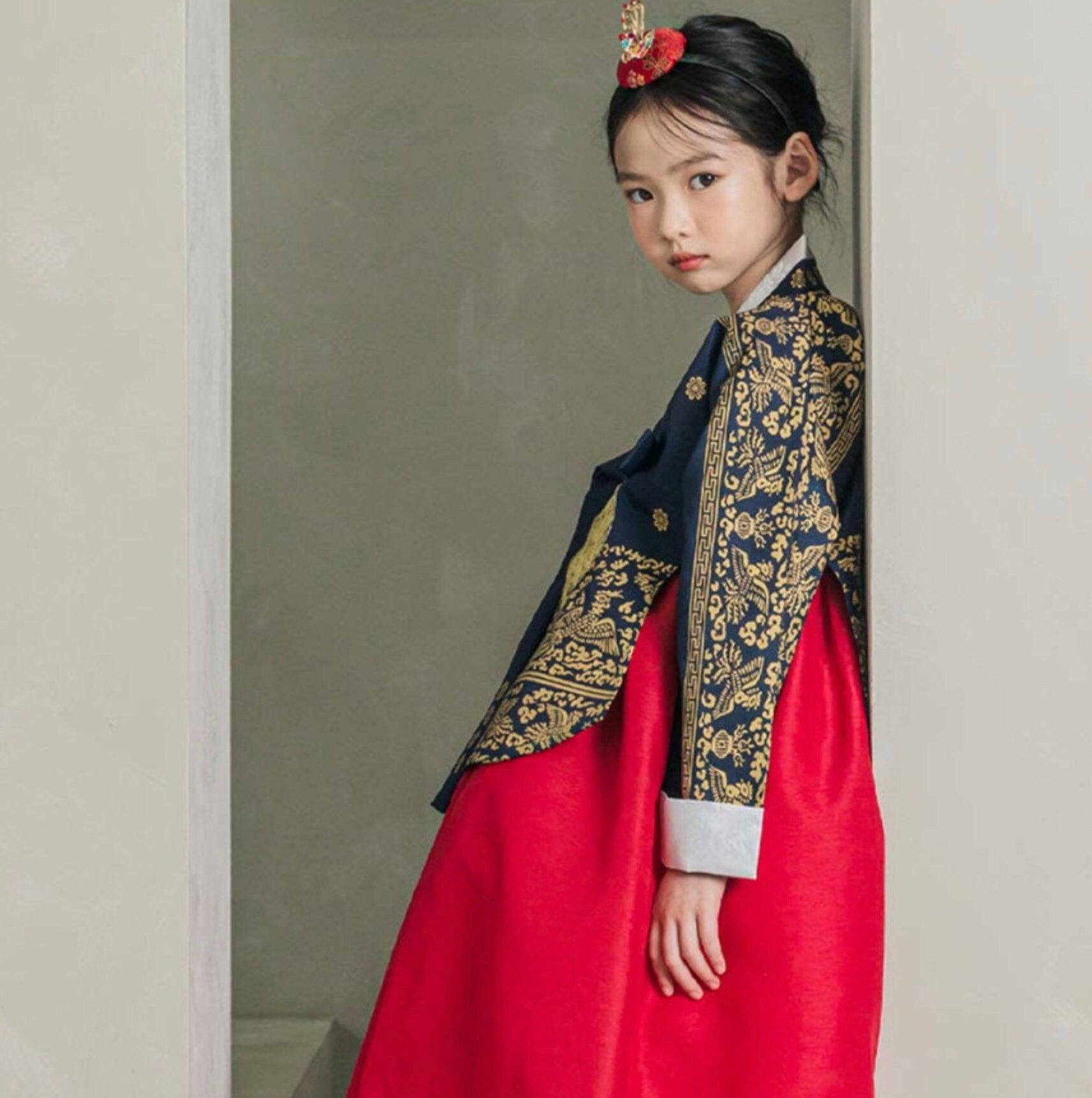 Hyunbi Foil Navy Red Girl Hanbok (100D-15YR) - Native Korean