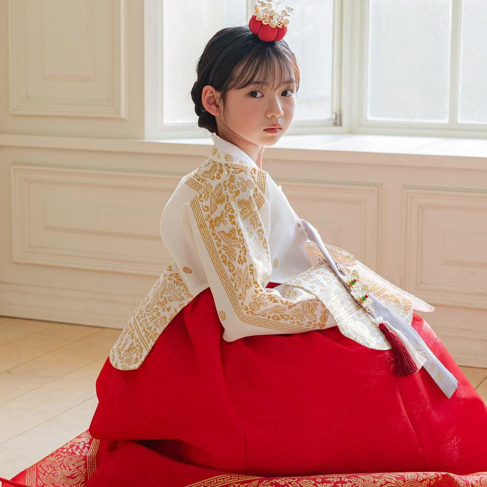Hyunbi Gold Foil Ivory Red Girl Hanbok | Luxury Kids Hanbok