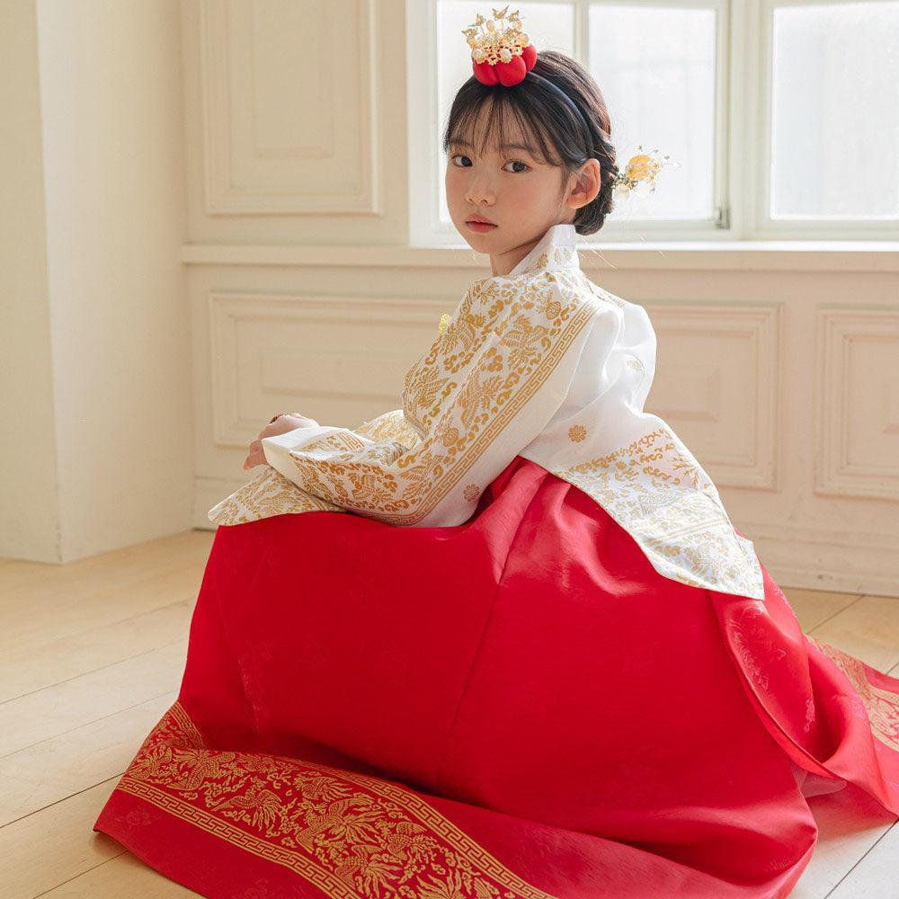 Hyunbi Gold Foil Ivory Red Girl Hanbok | Luxury Kids Hanbok
