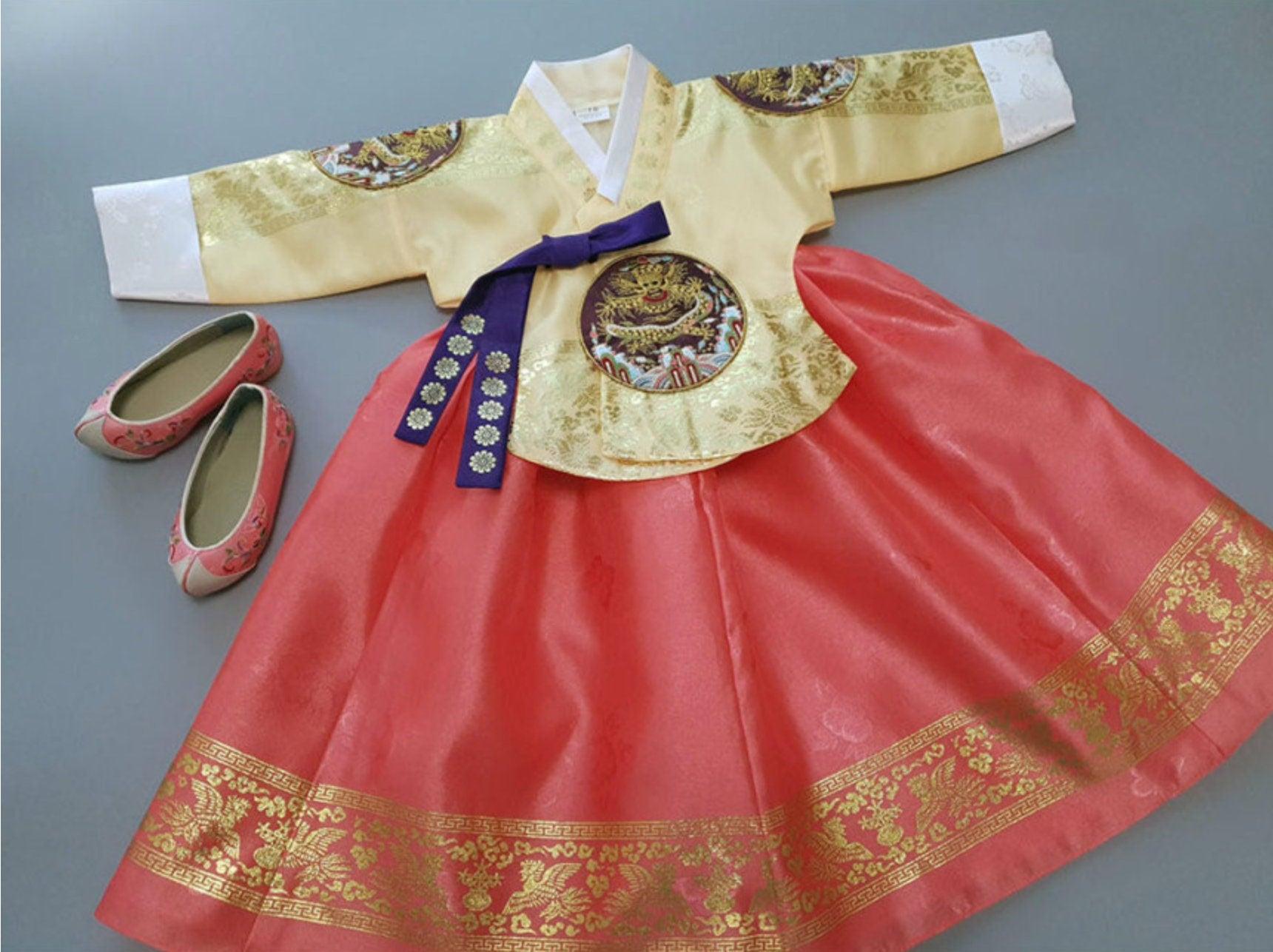 Hyunbi Yellow Coral Girl Hanbok (100D-12YR) - Native Korean