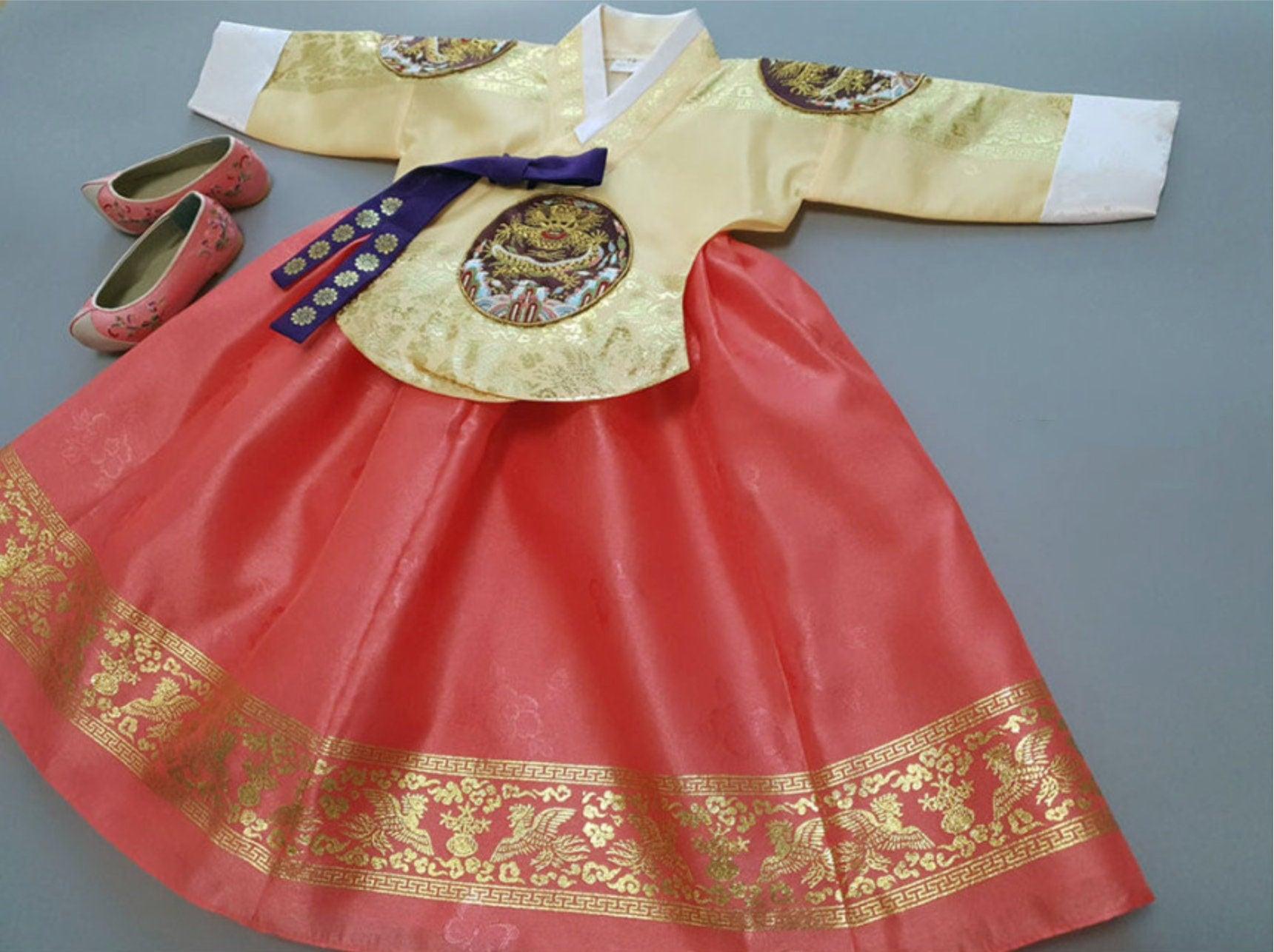 Hyunbi Yellow Coral Girl Hanbok (100D-12YR) - Native Korean