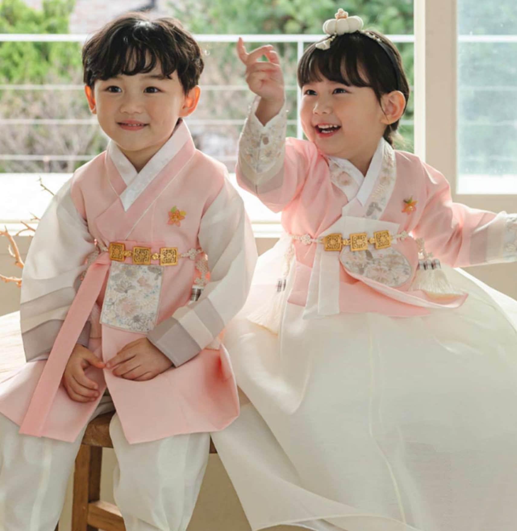 Hyunsoo Coral Stripe Ivory Boy Hanbok (100D-10YR) - Native Korean