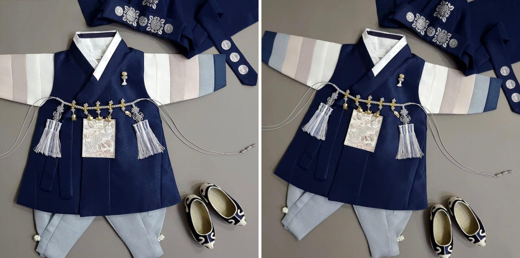 Jeongwoo Navy Stripe Boy Hanbok (100D-15YR) - Native Korean