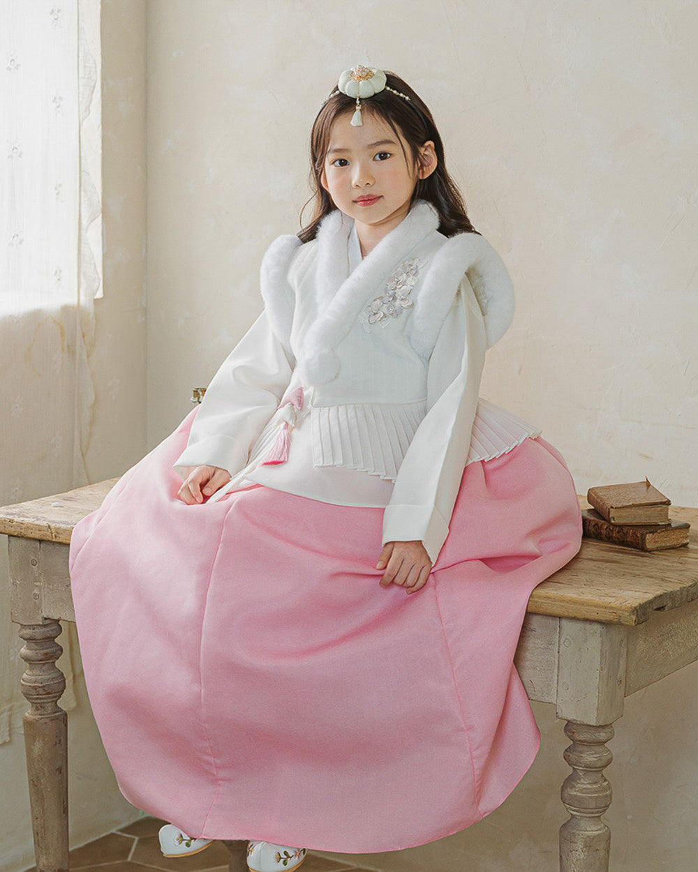 Ivory Pleated Fur Hanbok Vest