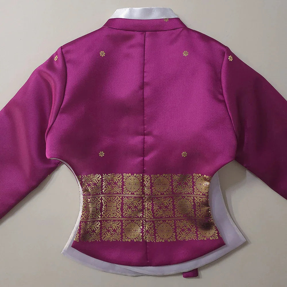 Magenta Myoung Girl Hanbok by Native Korean with gold embroidery patterns