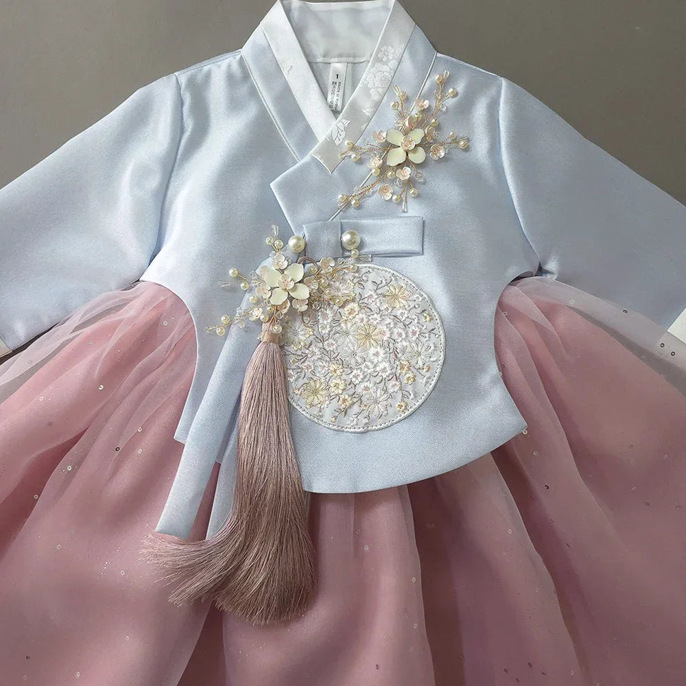 Pearl Sky Pink Girl Hanbok by Native Korean featuring a light blue jeogori and pink chima.