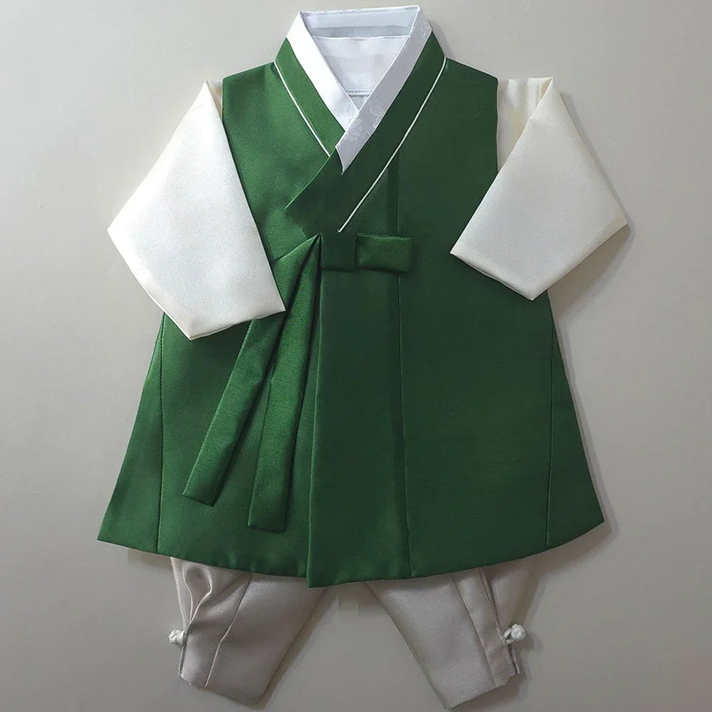 Green and white Native Korean Boy Hanbok set.