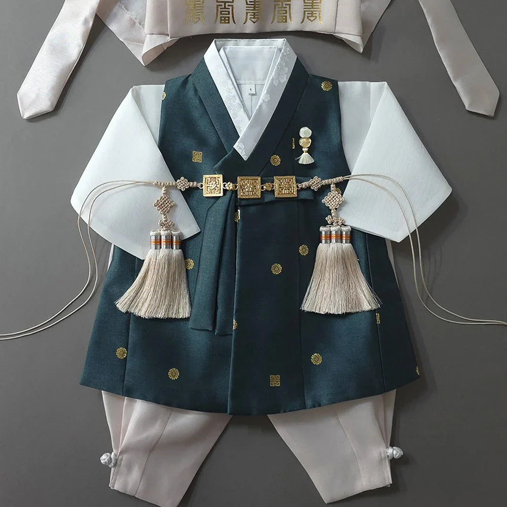 Dowon Teal Boy Hanbok by Native Korean with ornate gold details and norigae tassels.
