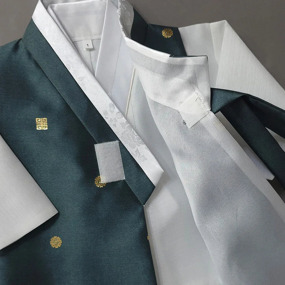 Close-up of a teal Native Korean Boy Hanbok with gold floral embroidery and white lining.