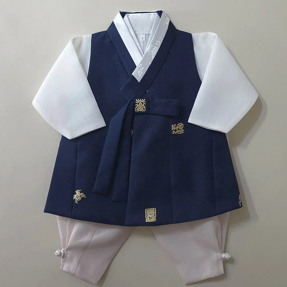 Navy blue and white Native Korean boy hanbok with gold embroidery