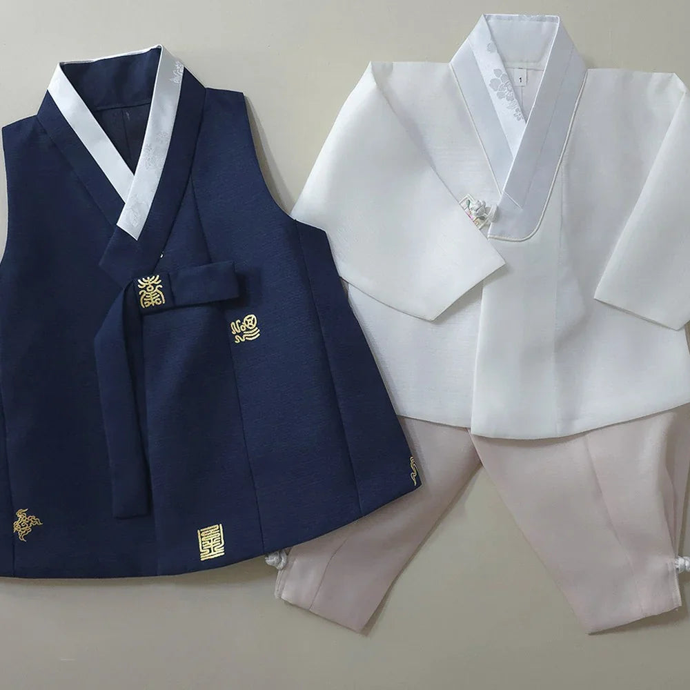 Navy blue and white Native Korean Boy Hanbok set with gold embroidery