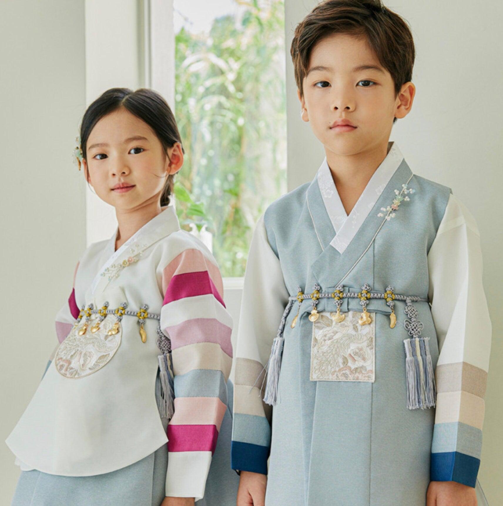 Jeongwoo D.Sky Stripe Pink Gray Boy Hanbok (100D-15YR) - Native Korean